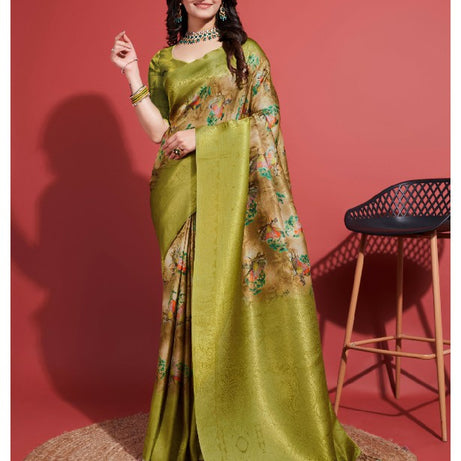 Contemporary Charm: Digital Printed Soft Silk Sarees in Green