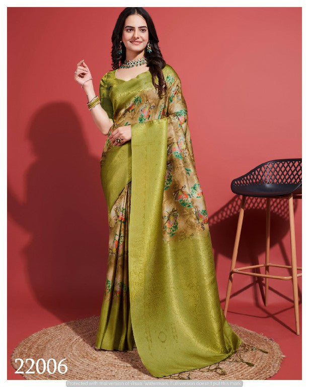 Contemporary Charm: Digital Printed Soft Silk Sarees in Green