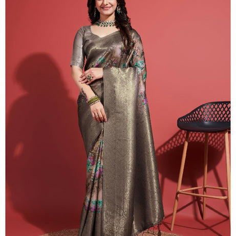 Contemporary Charm: Digital Printed Soft Silk Sarees in Grey