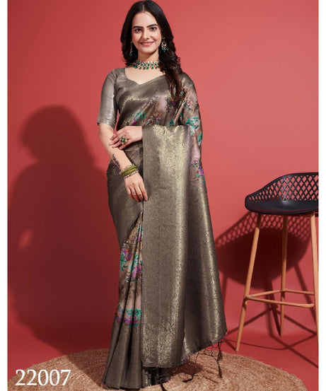 Contemporary Charm: Digital Printed Soft Silk Sarees in Grey