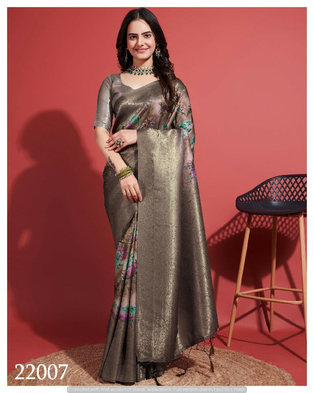 Contemporary Charm: Digital Printed Soft Silk Sarees in Grey