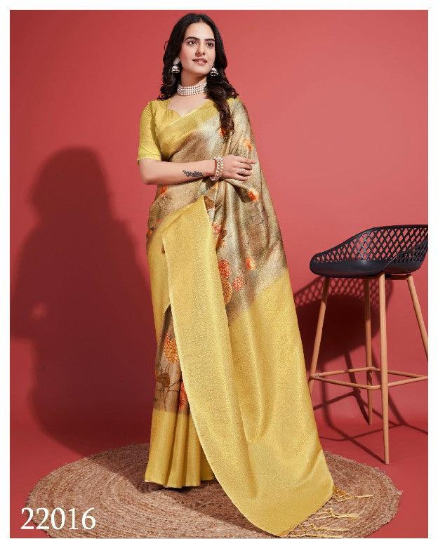 Digitally Crafted Beauty: Modern Soft Silk Sarees in Yellow