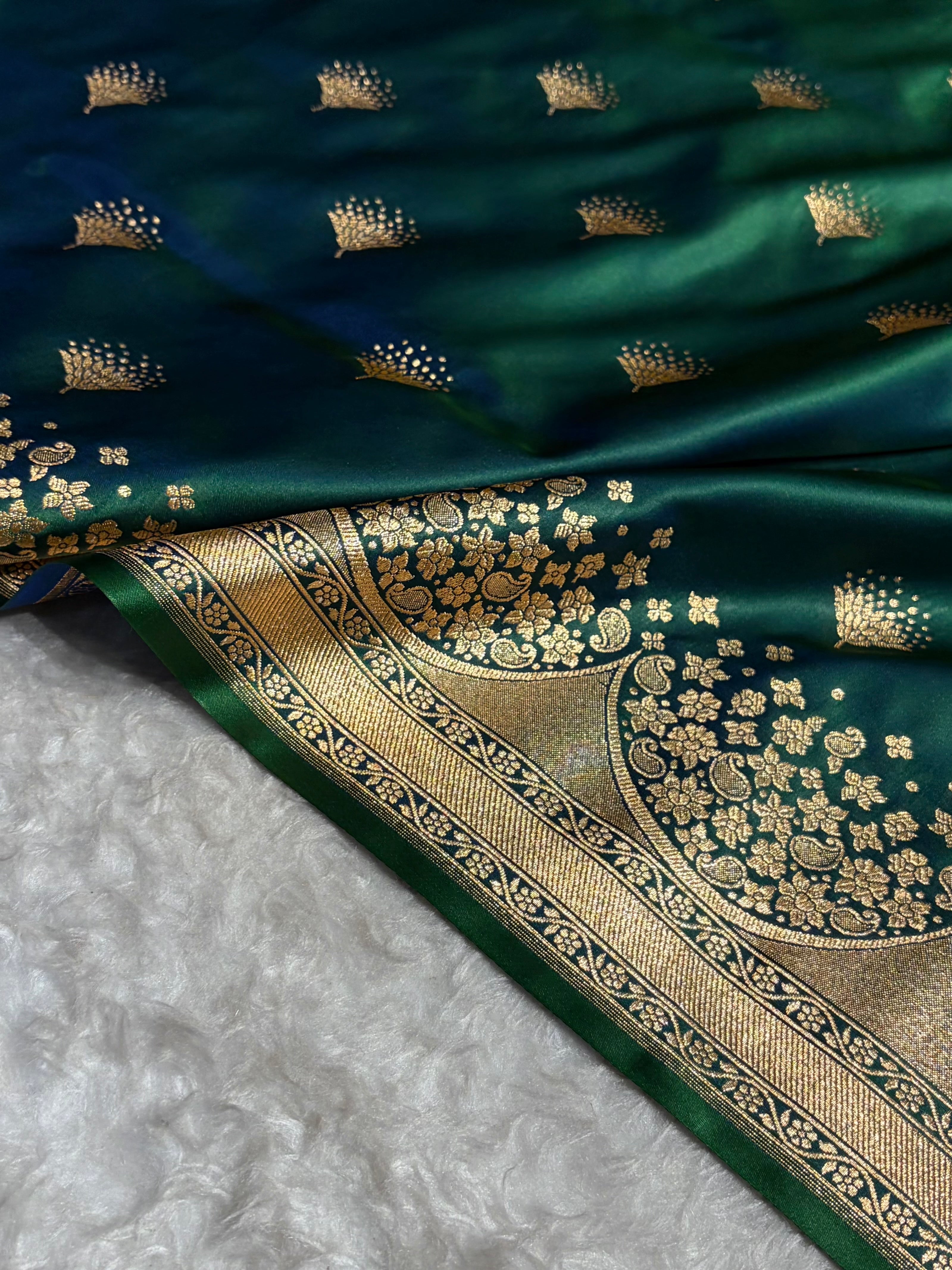 Banarasi Satin Silk Saree in Fire Gold Shade with Elegant Booti Work | Traditional Designer Wedding Saree