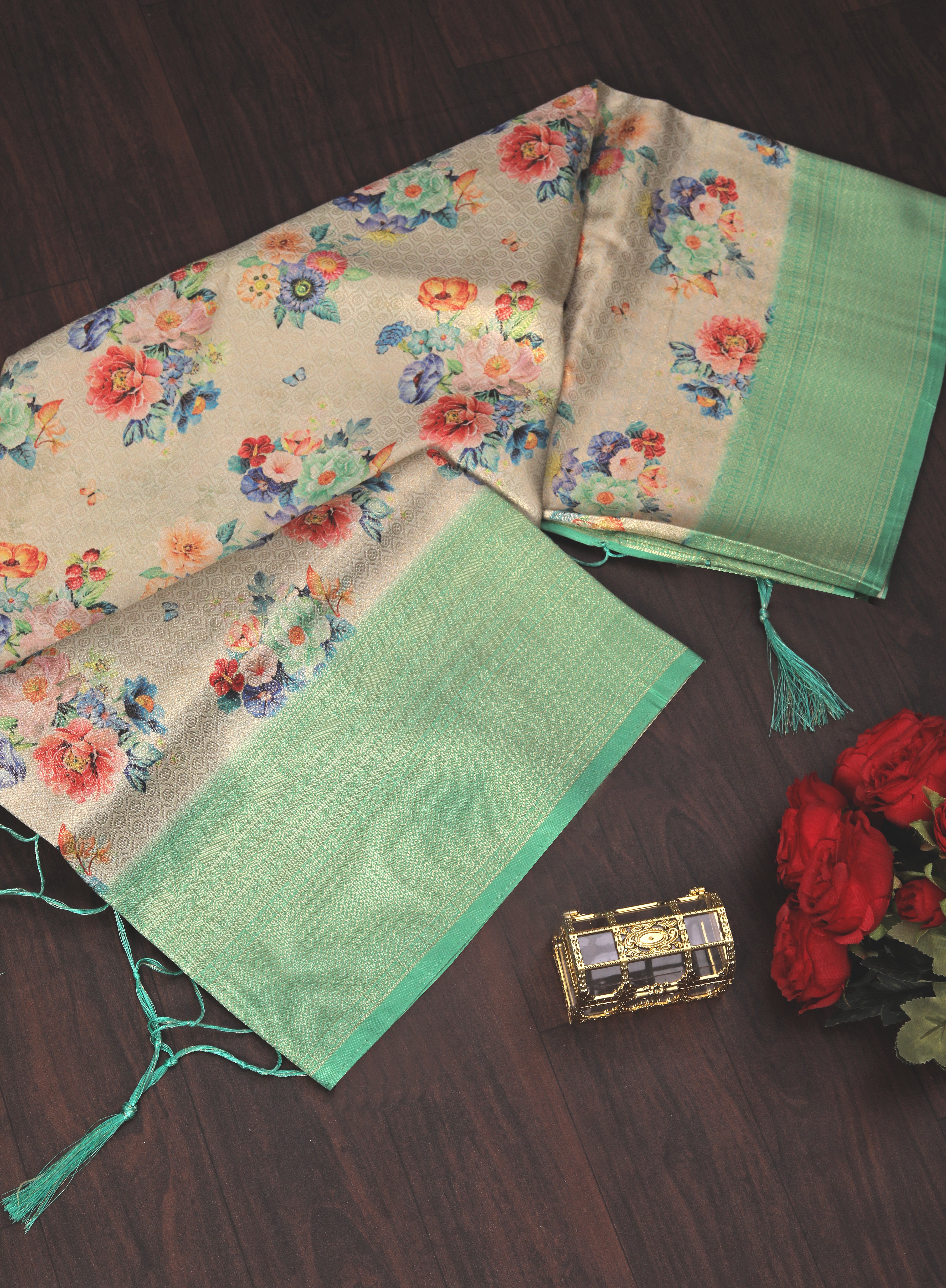 Digital soft silk printed saree in Pista