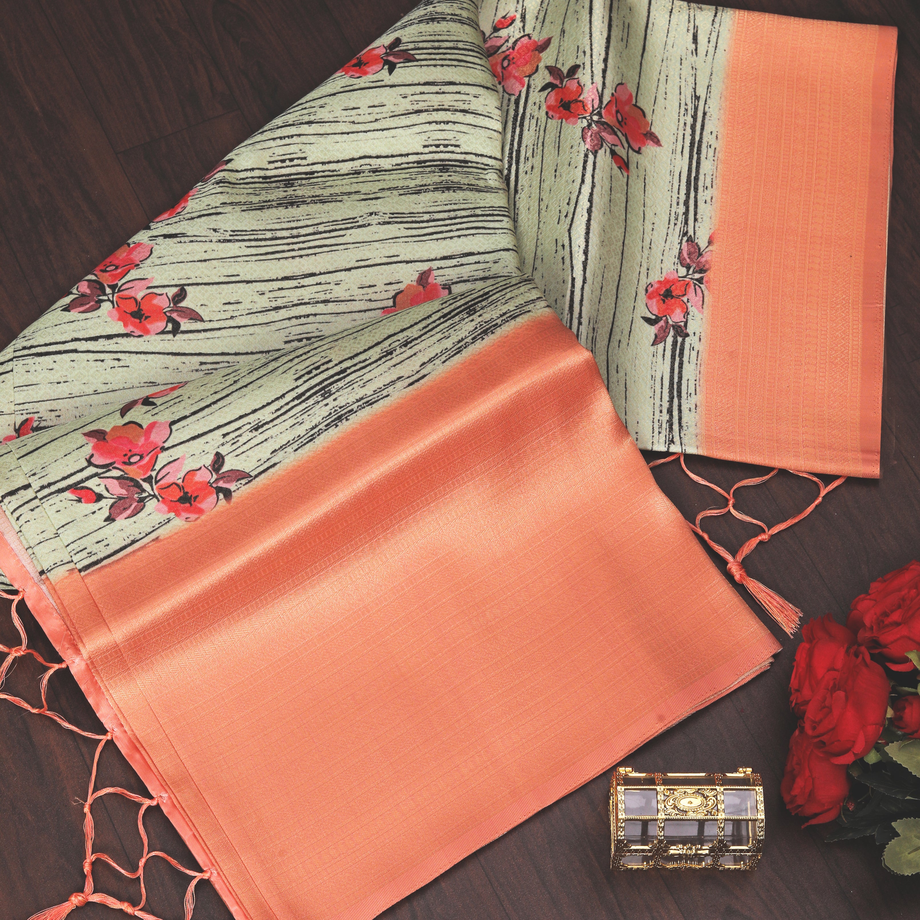 Digital soft silk printed saree in Orange