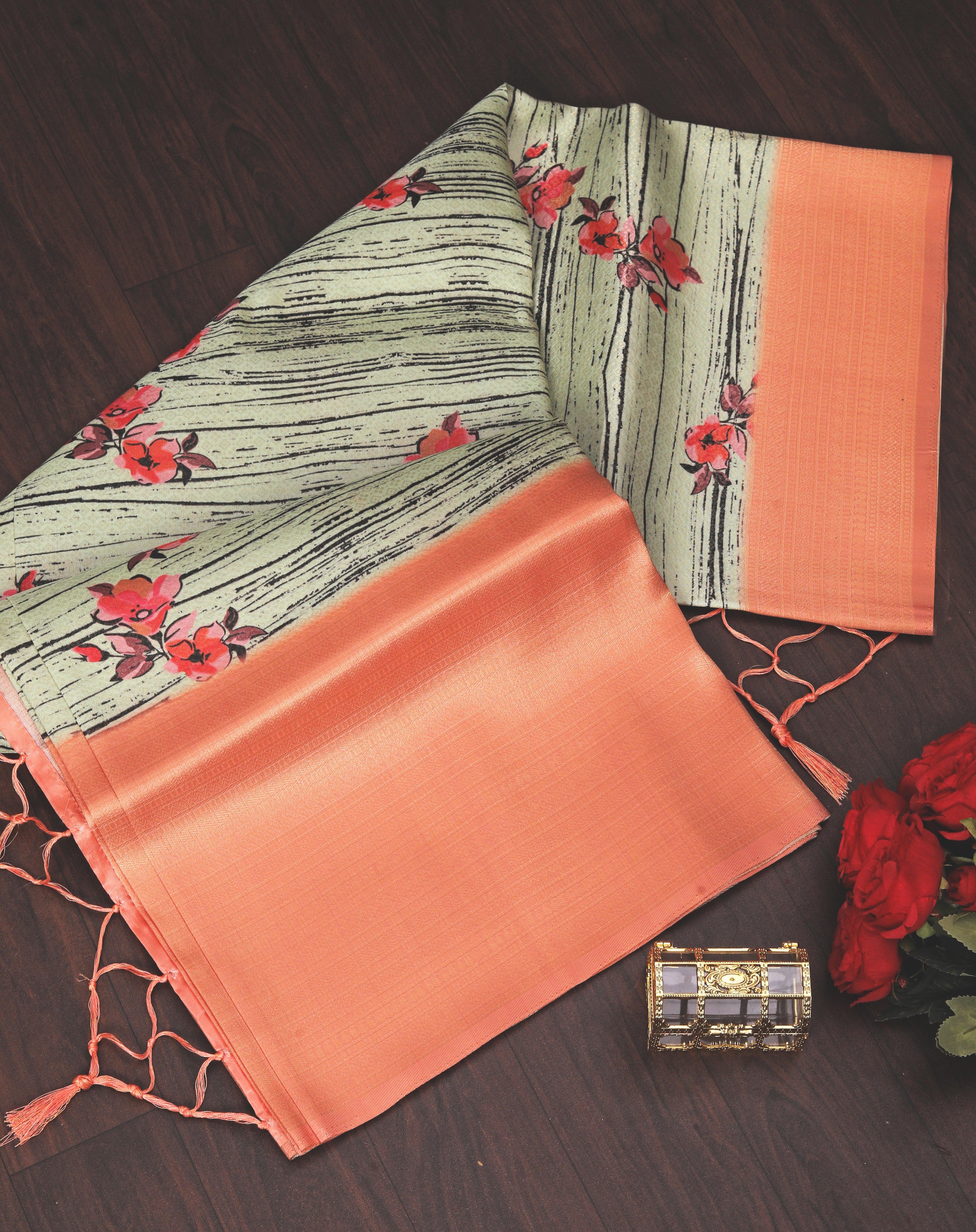 Digital soft silk printed saree in Orange