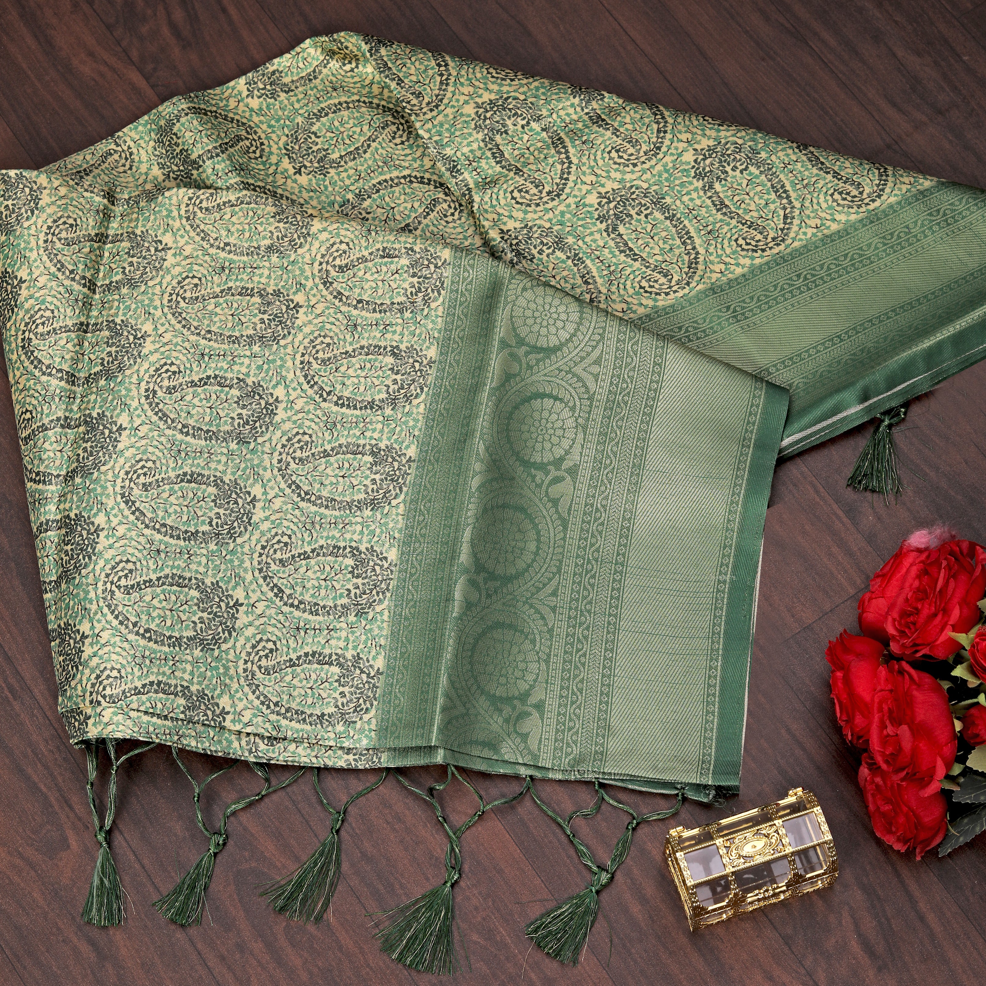 Digital soft silk printed saree in Pista