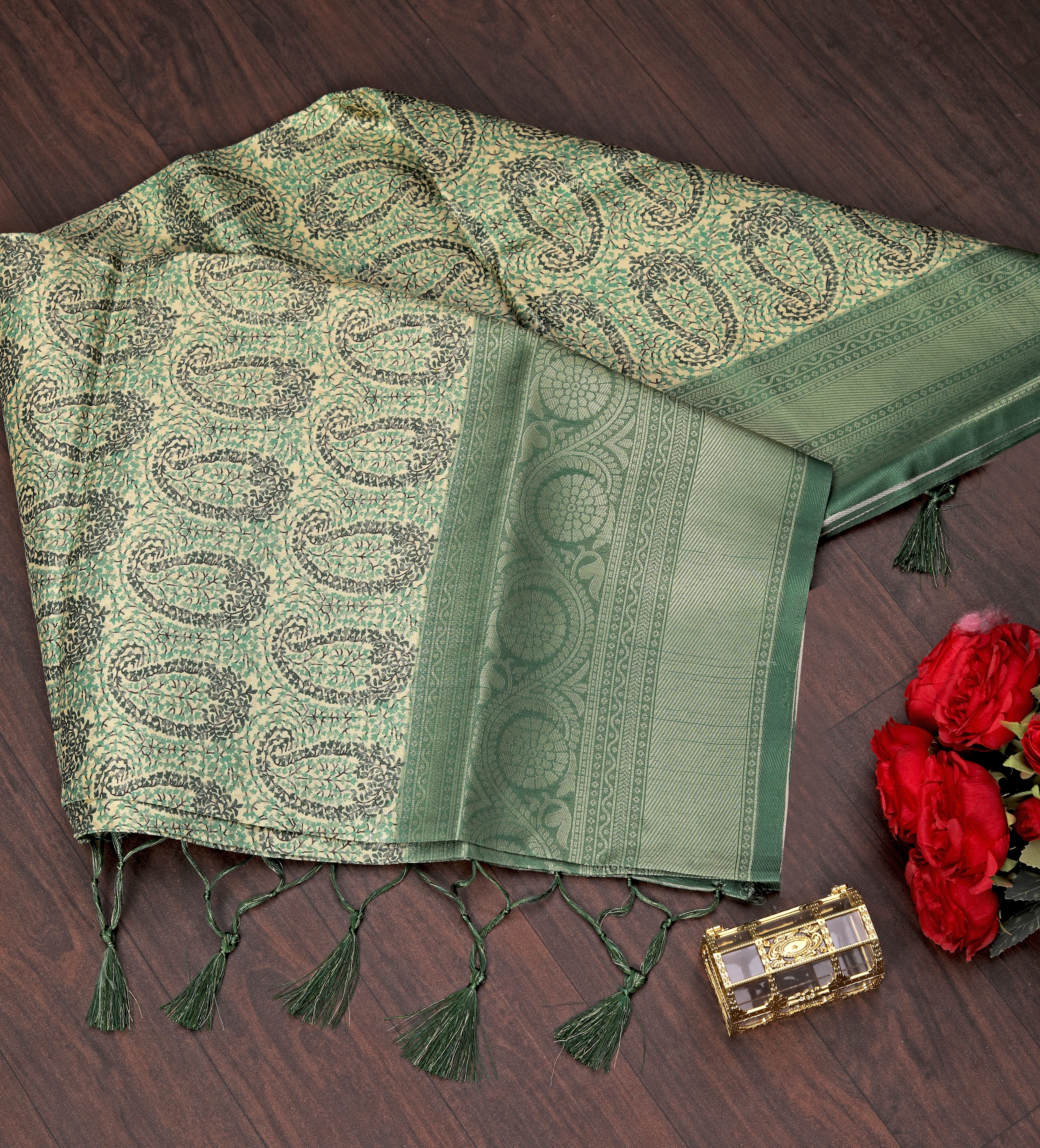 Digital soft silk printed saree in Pista