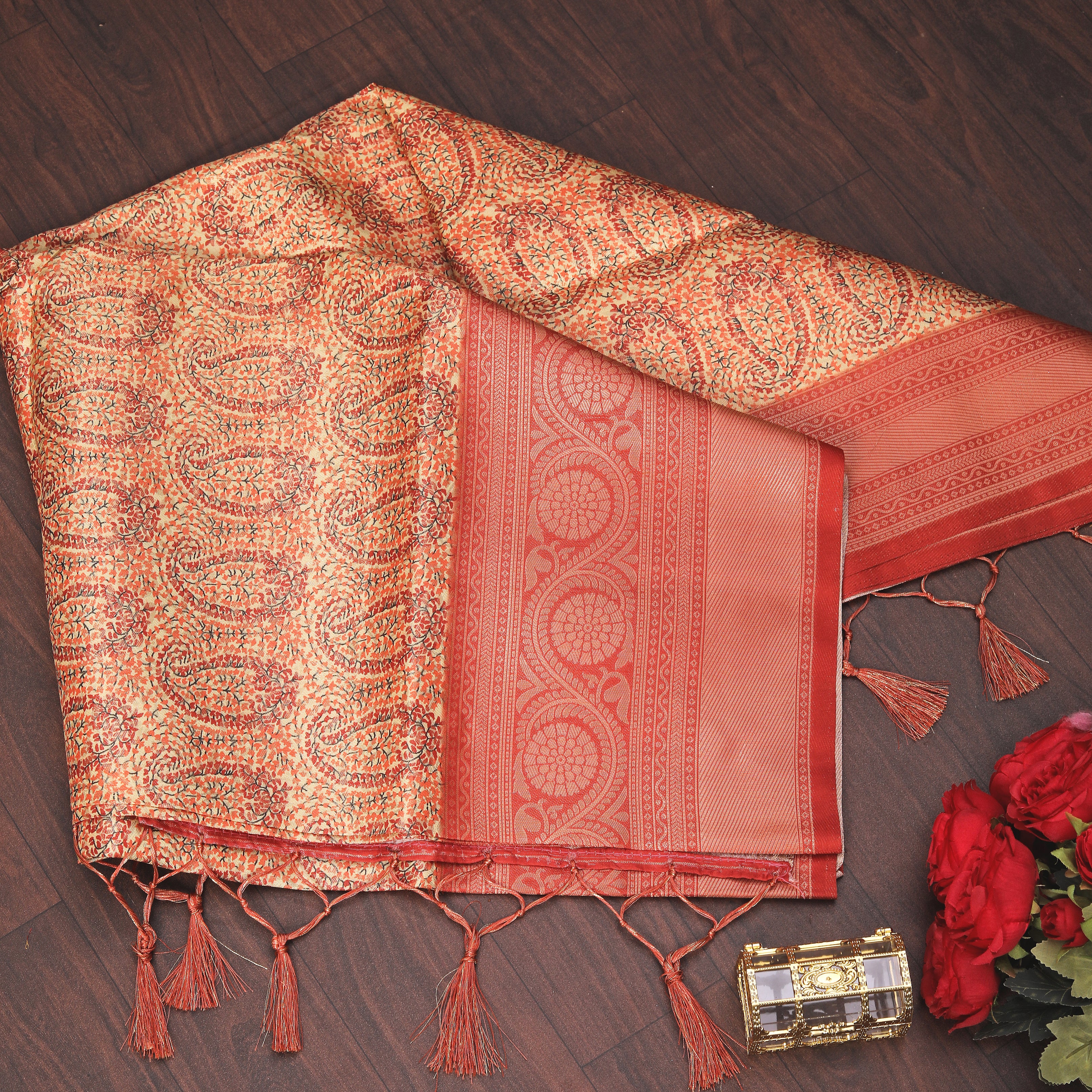 Digital soft silk printed saree in Golden