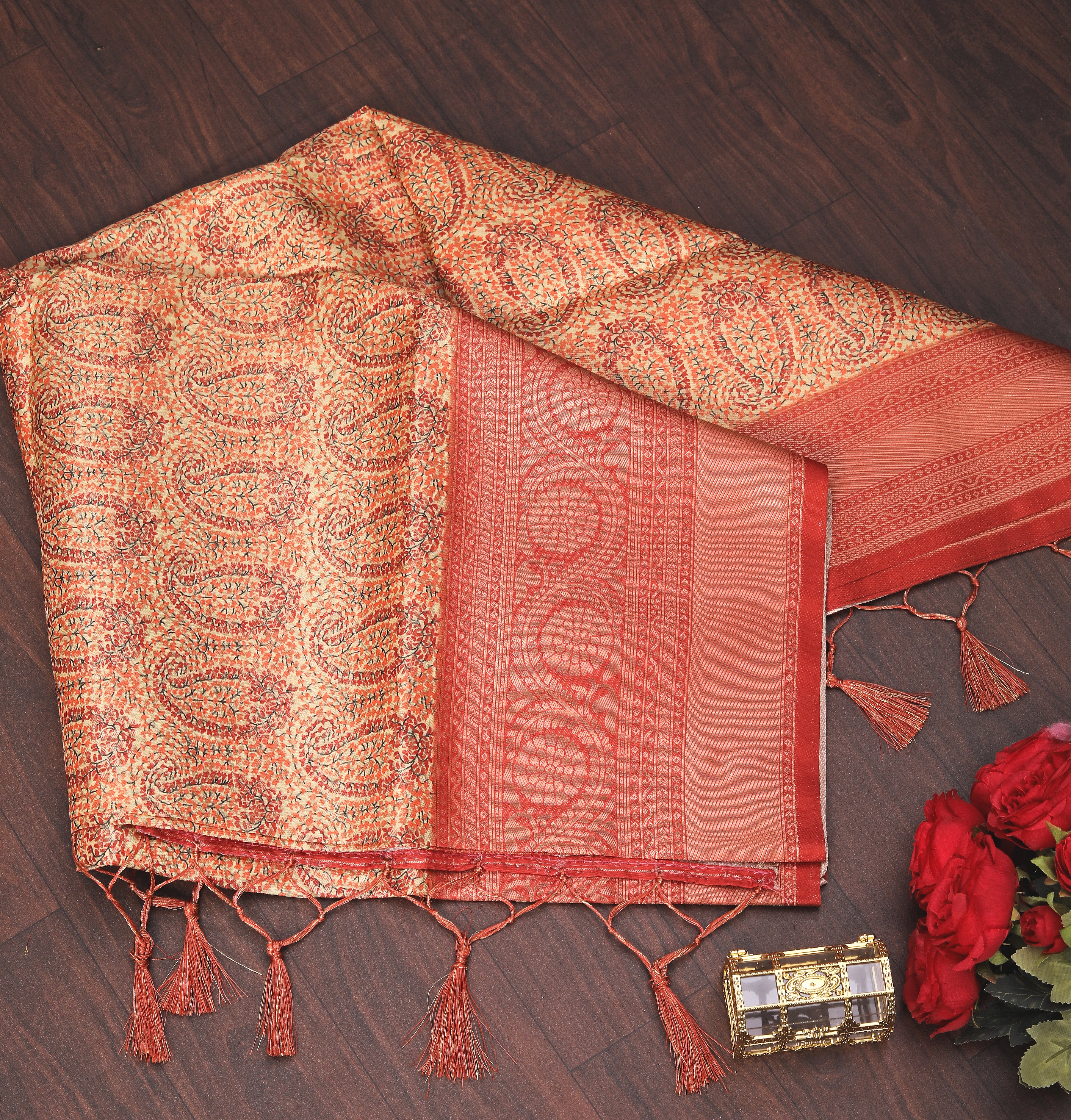 Digital soft silk printed saree in Golden