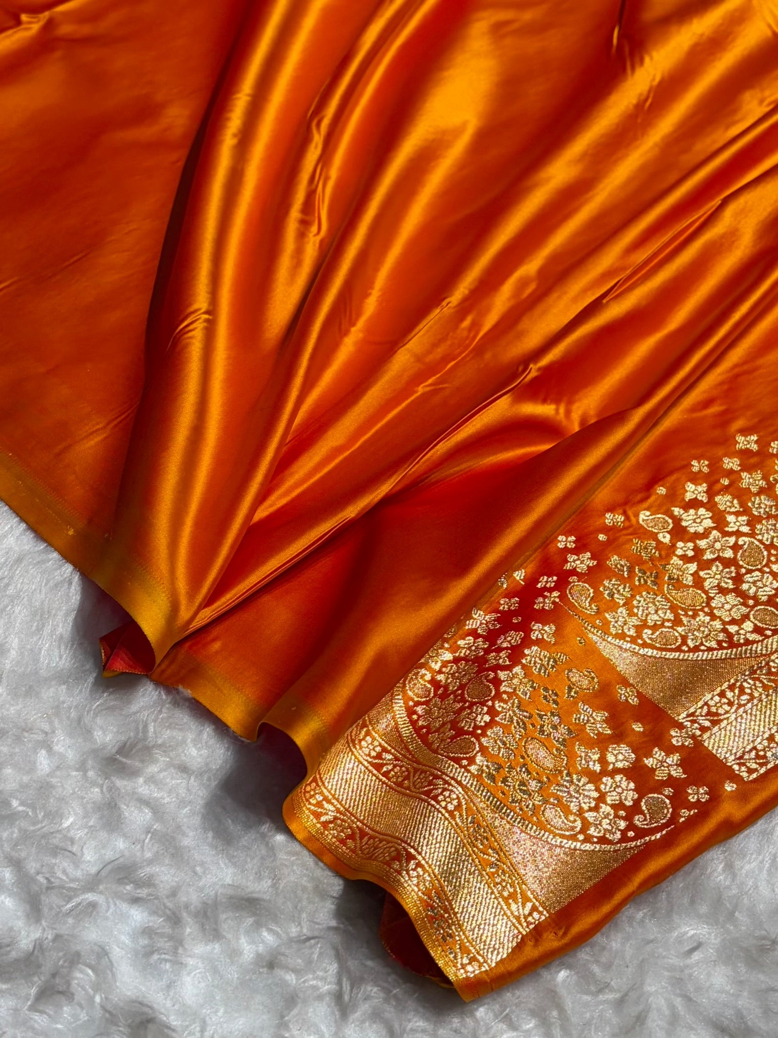 Banarasi Satin Silk Saree in Fire Gold Shade with Elegant Booti Work | Traditional Designer Wedding Saree