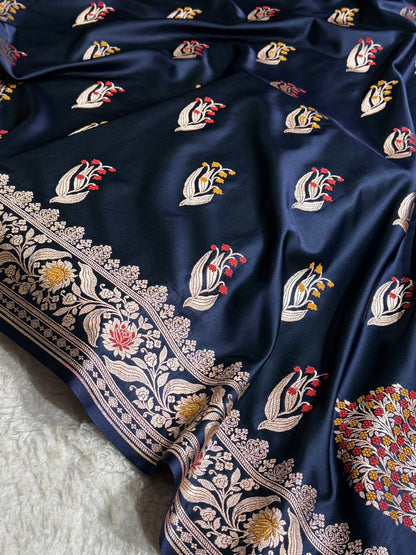 Mashru Satin Silk Banarasi Saree with Scalloped Border & Rupa Sona Motifs