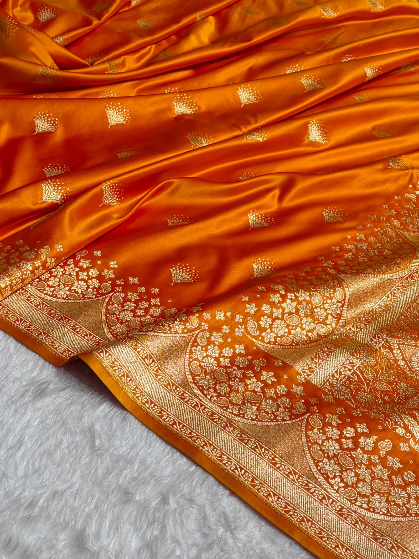Banarasi Satin Silk Saree in Fire Gold Shade with Elegant Booti Work | Traditional Designer Wedding Saree