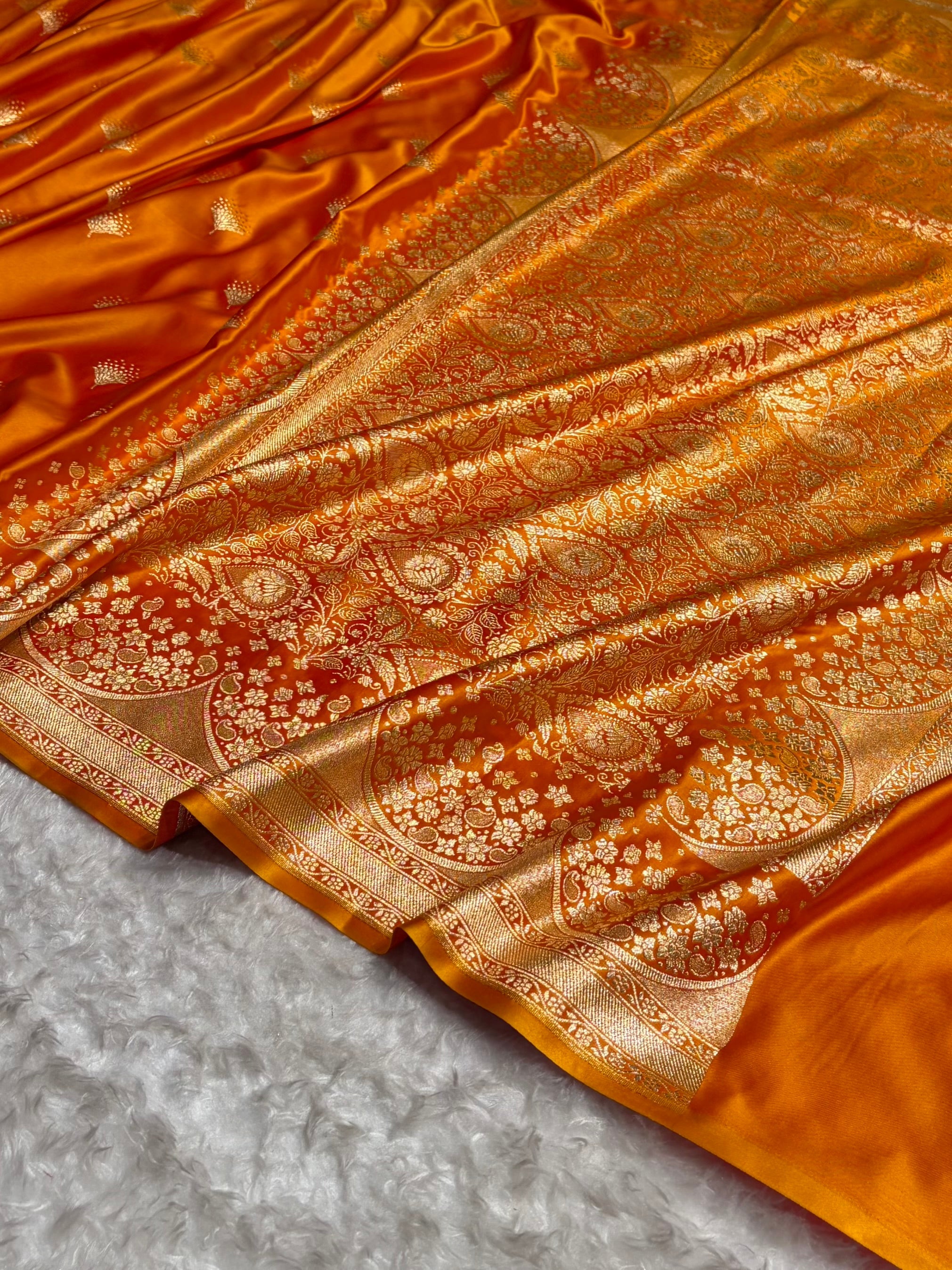 Banarasi Satin Silk Saree in Fire Gold Shade with Elegant Booti Work | Traditional Designer Wedding Saree