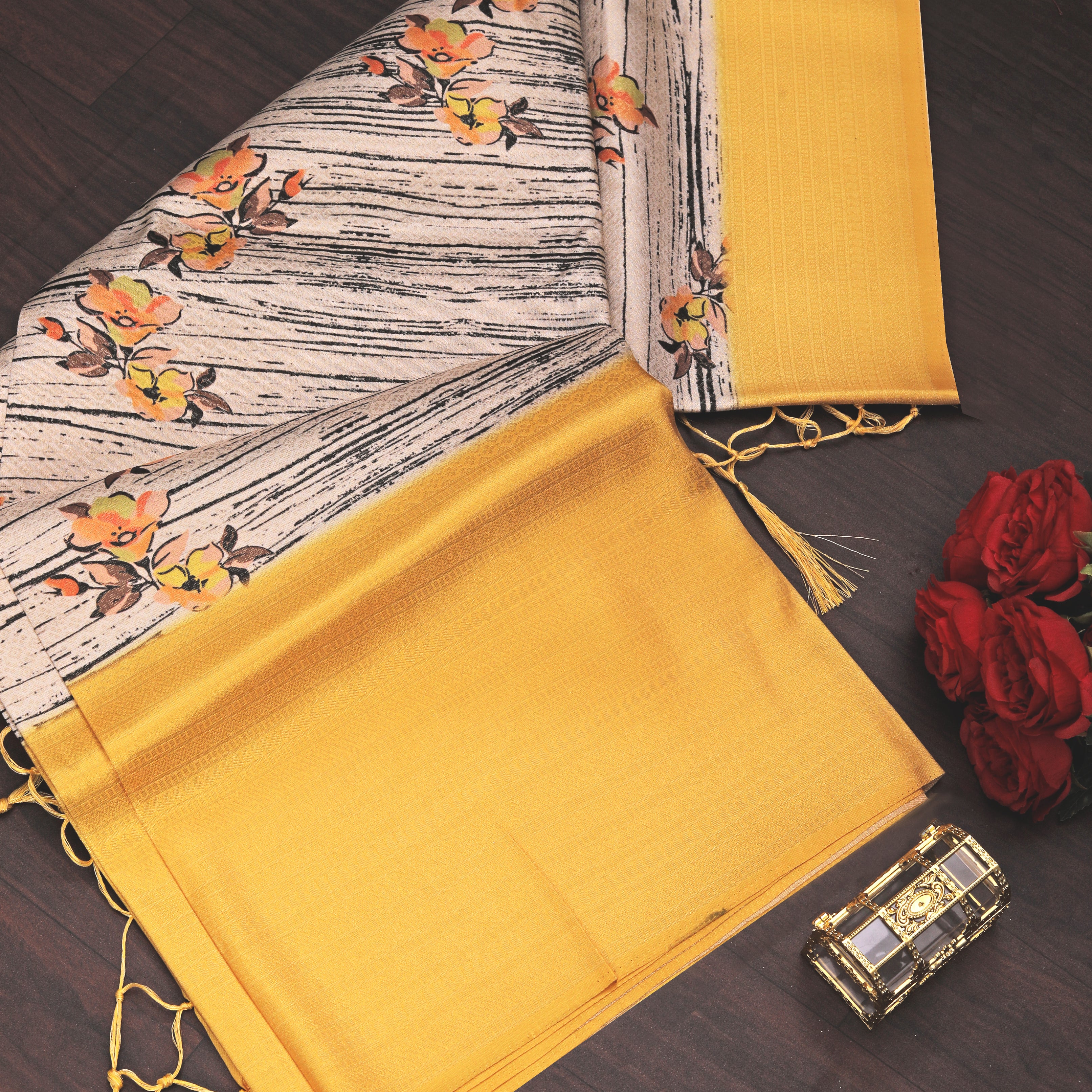 Digital soft silk printed saree in Yellow