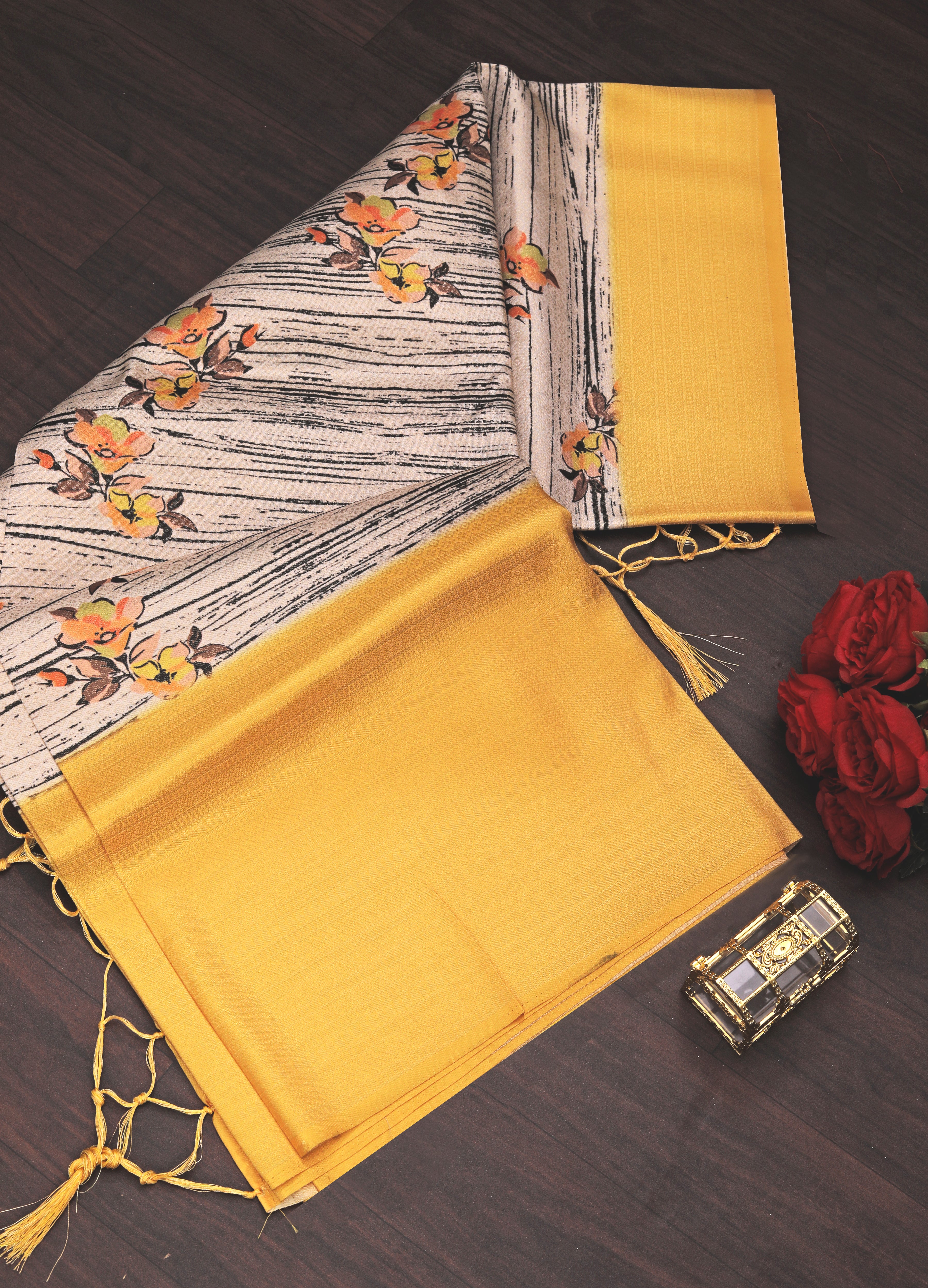 Digital soft silk printed saree in Yellow