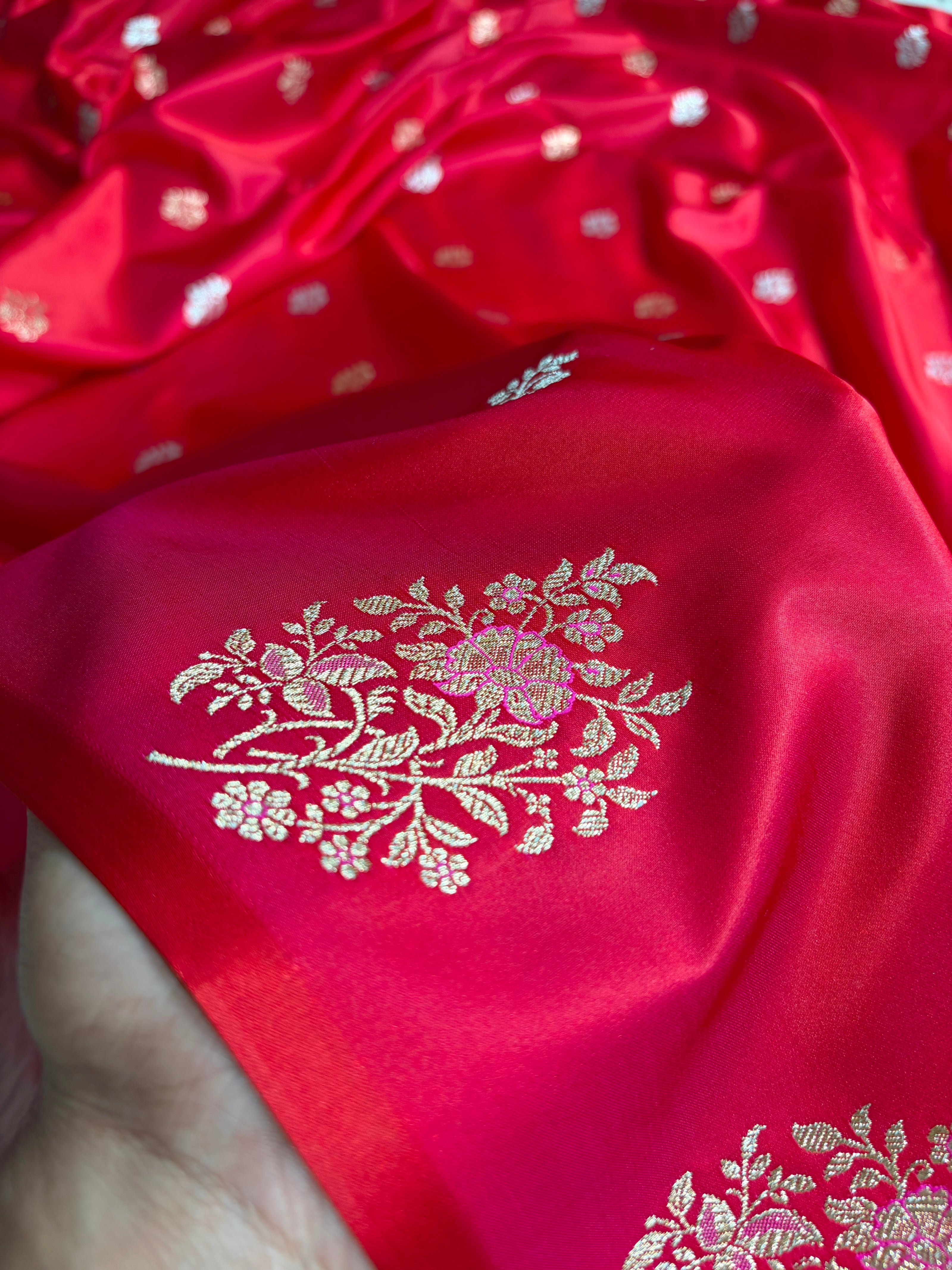 Banarasi Mashru Silk Saree with Floral Scalloped Border & Rupa Sona Motifs