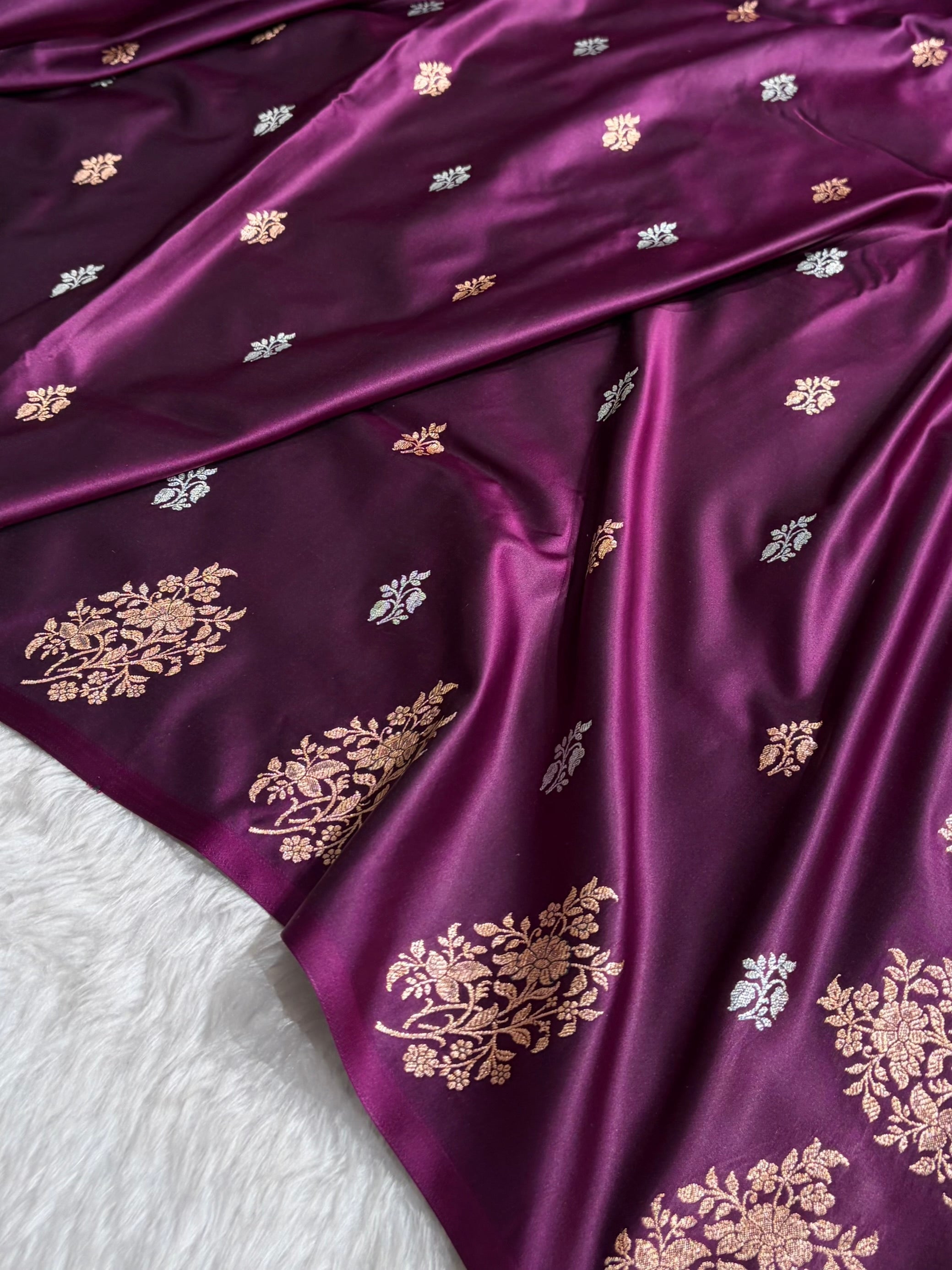 Banarasi Mashru Silk Saree with Floral Scalloped Border & Rupa Sona Motifs