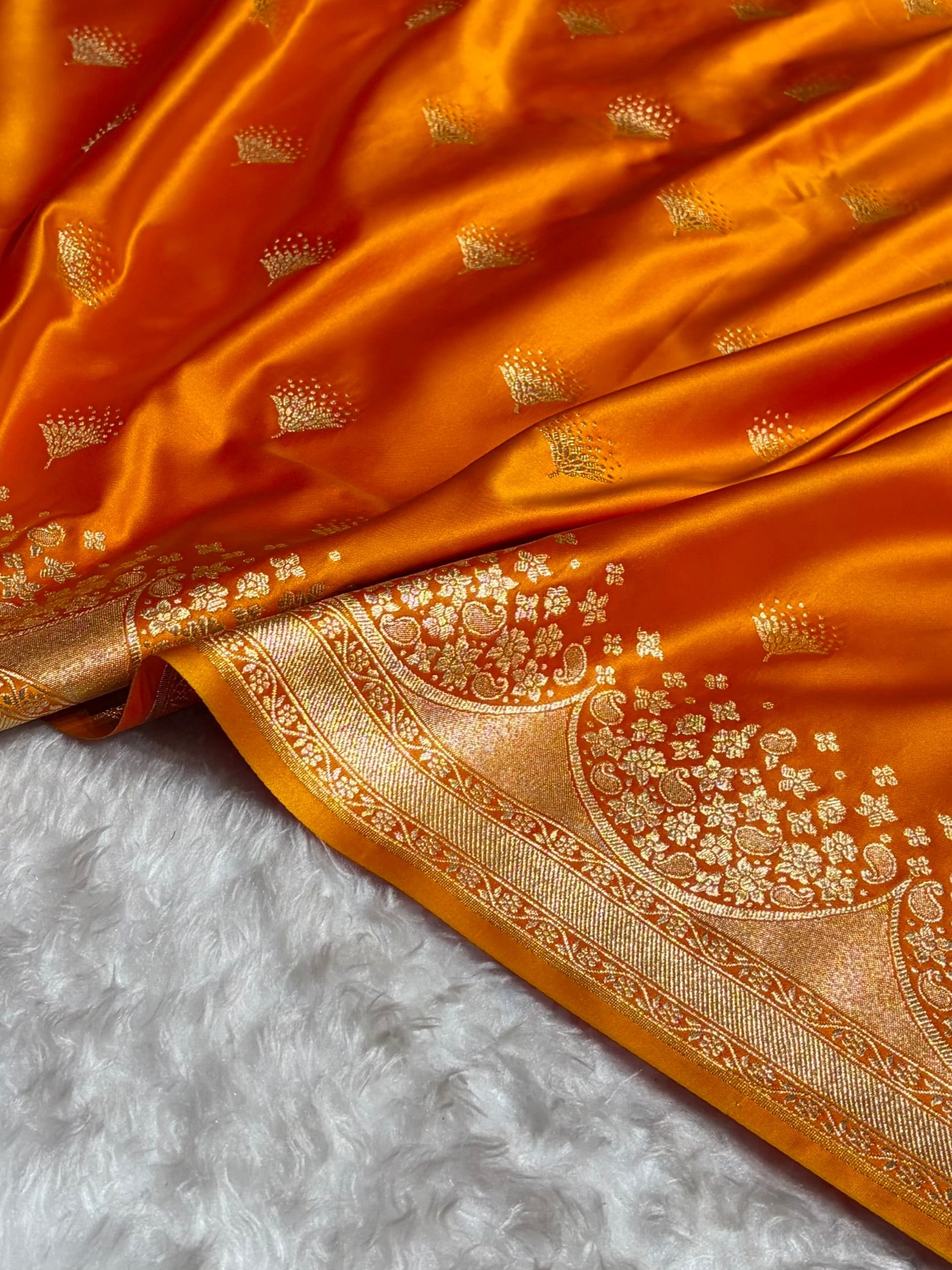 Banarasi Satin Silk Saree in Fire Gold Shade with Elegant Booti Work | Traditional Designer Wedding Saree