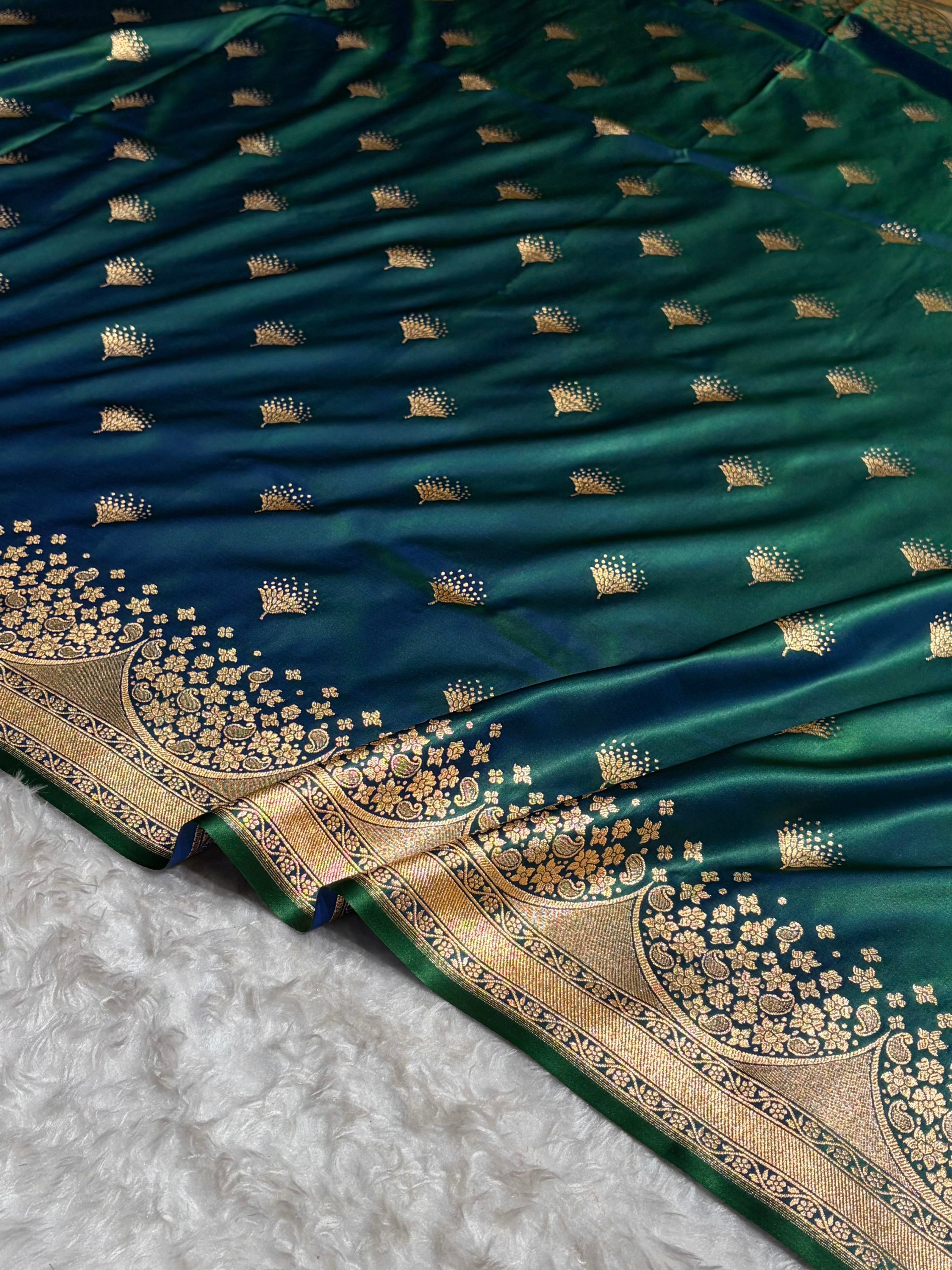 Banarasi Satin Silk Saree in Fire Gold Shade with Elegant Booti Work | Traditional Designer Wedding Saree
