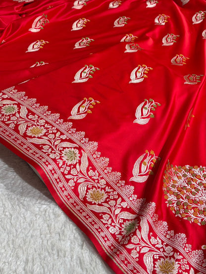 Mashru Satin Silk Banarasi Saree with Scalloped Border & Rupa Sona Motifs