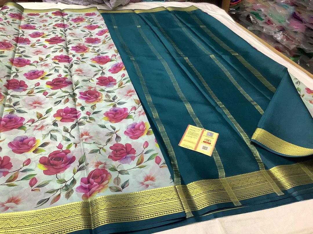 Mysore Printed Crepe Silk Sarees with Vibrant Flowers