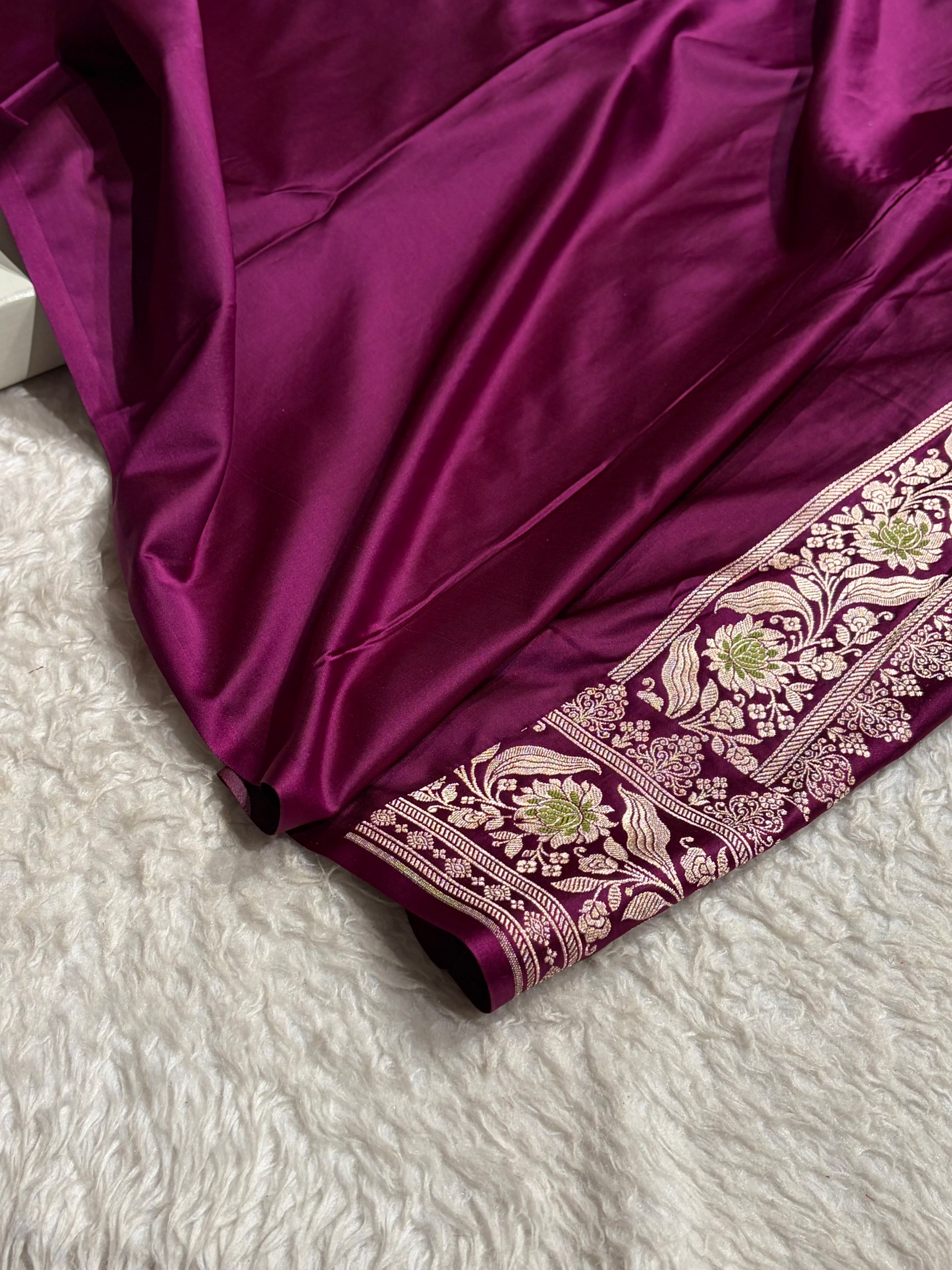 Mashru Satin Silk Banarasi Saree with Scalloped Border & Rupa Sona Motifs