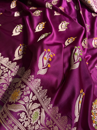Mashru Satin Silk Banarasi Saree with Scalloped Border & Rupa Sona Motifs