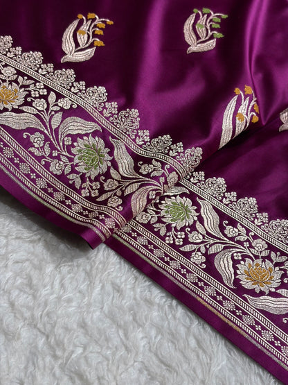 Mashru Satin Silk Banarasi Saree with Scalloped Border & Rupa Sona Motifs