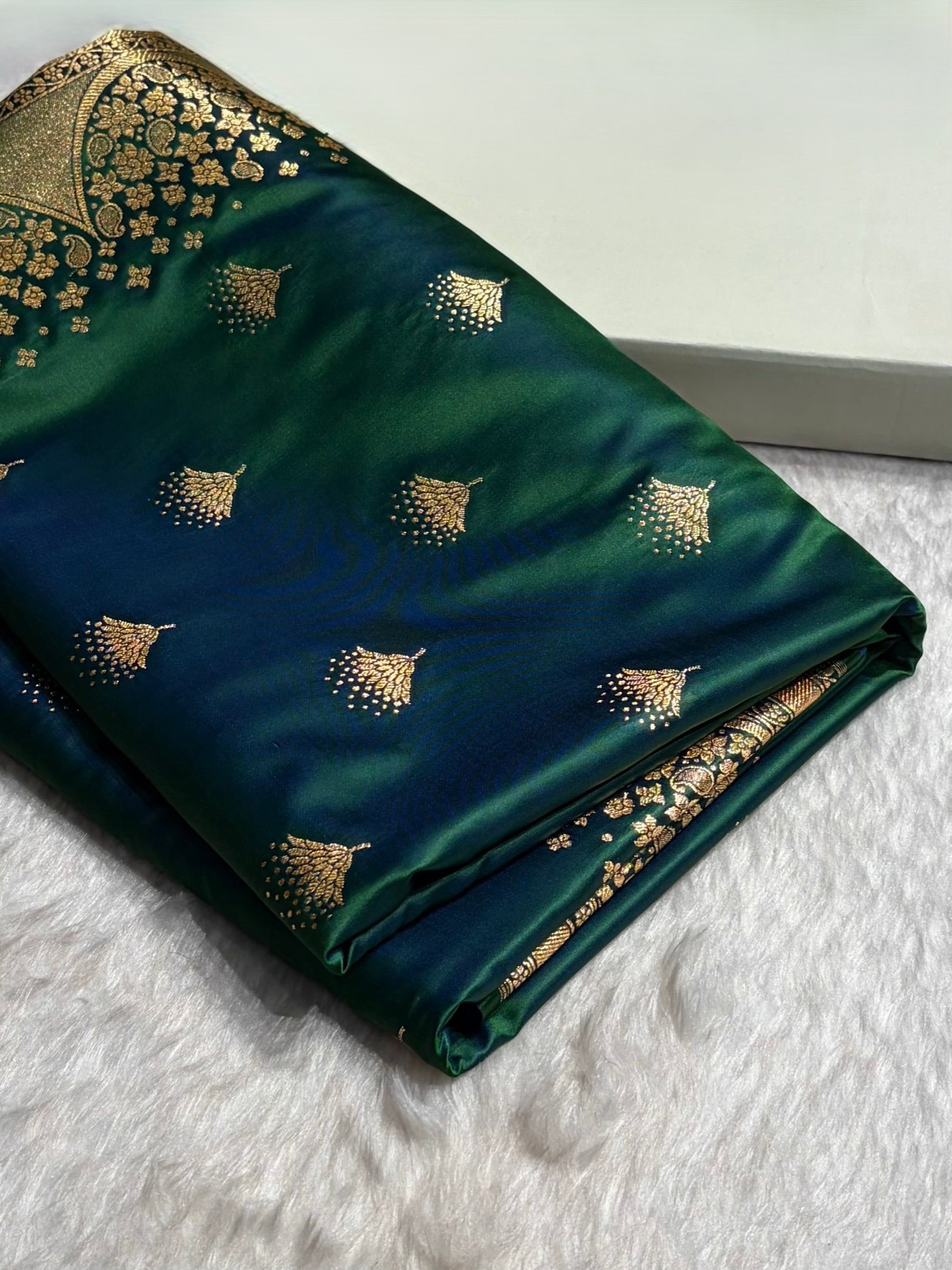 Banarasi Satin Silk Saree in Fire Gold Shade with Elegant Booti Work | Traditional Designer Wedding Saree