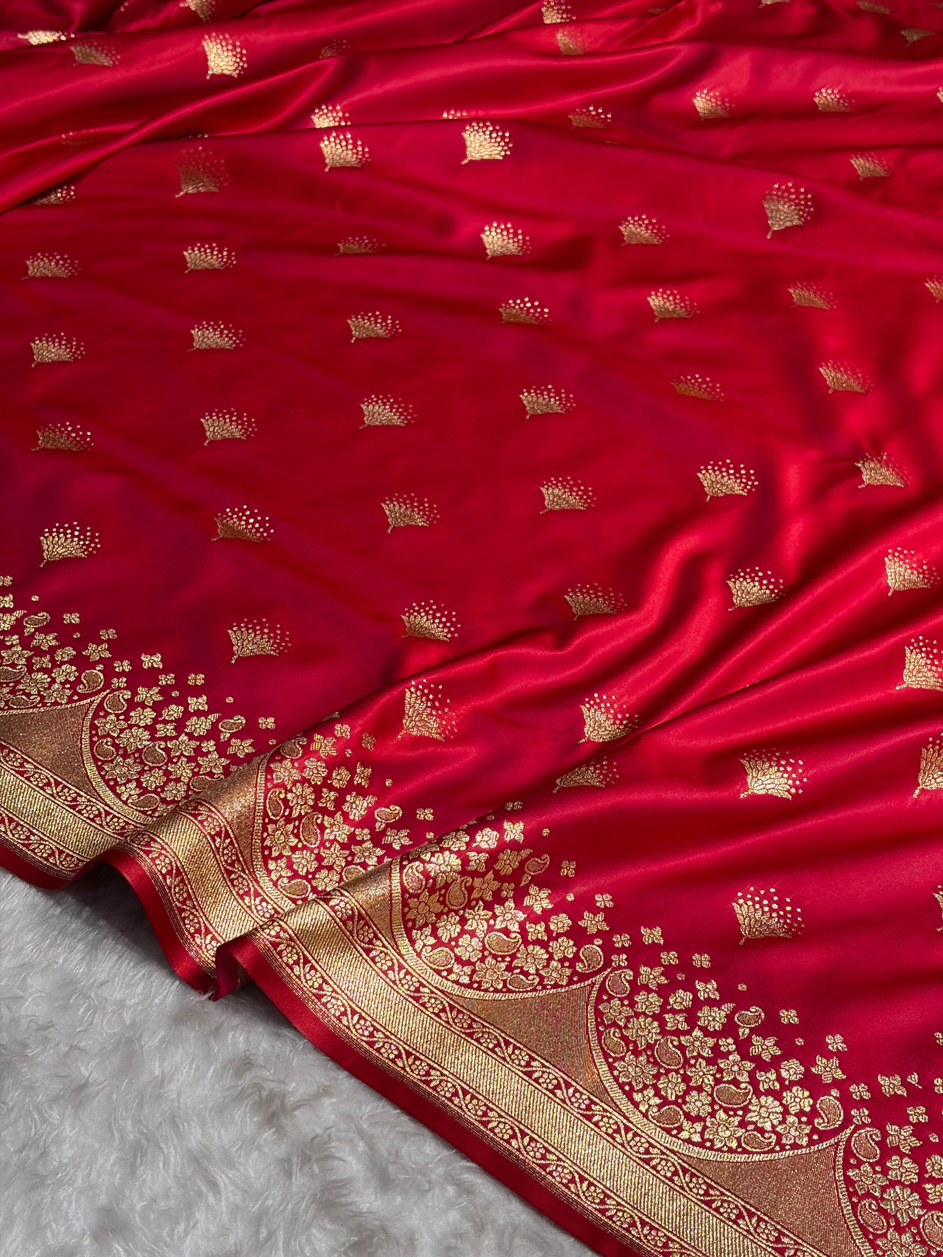 Banarasi Satin Silk Saree in Fire Gold Shade with Elegant Booti Work | Traditional Designer Wedding Saree
