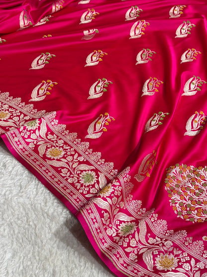 Mashru Satin Silk Banarasi Saree with Scalloped Border & Rupa Sona Motifs