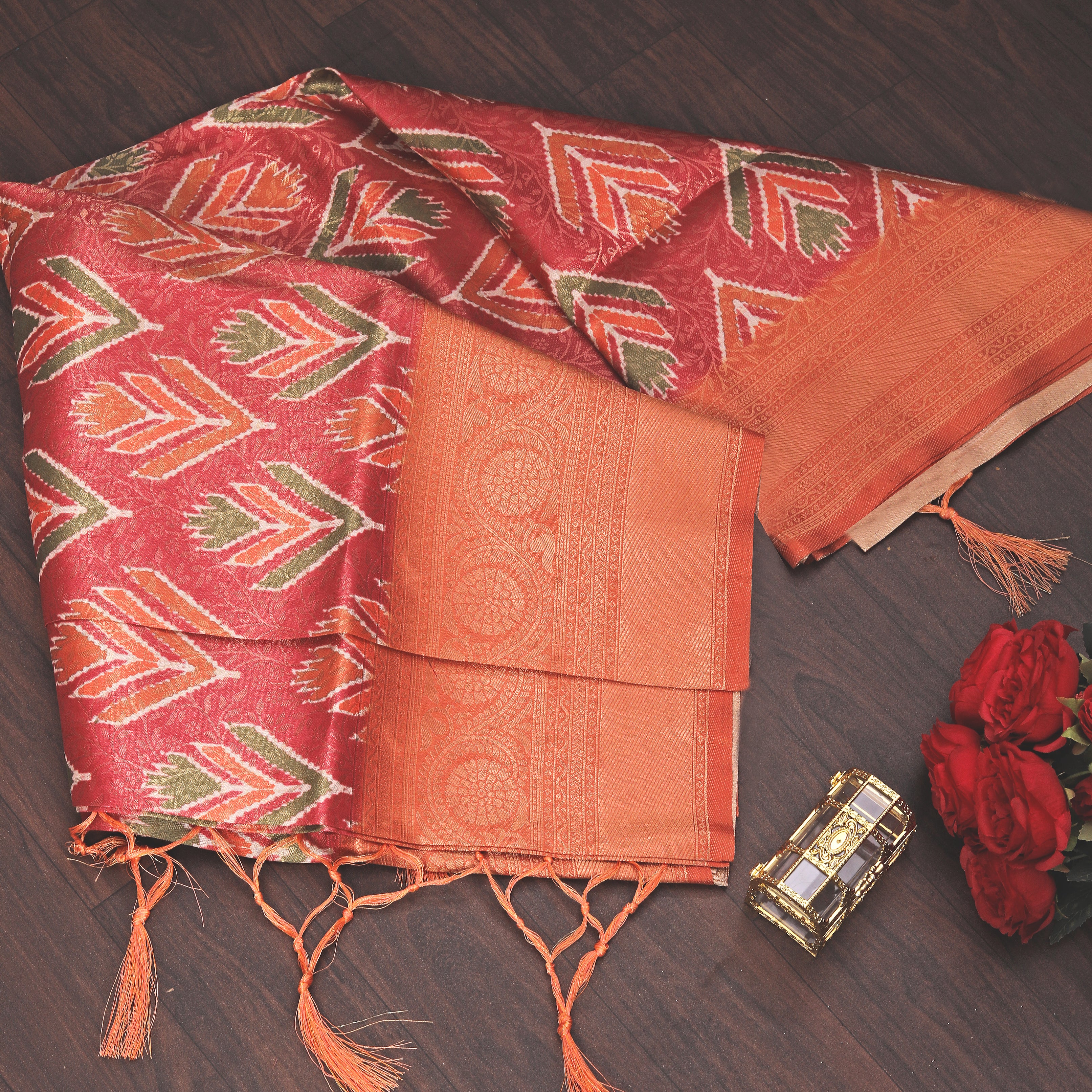 Digital soft silk printed saree in Orange