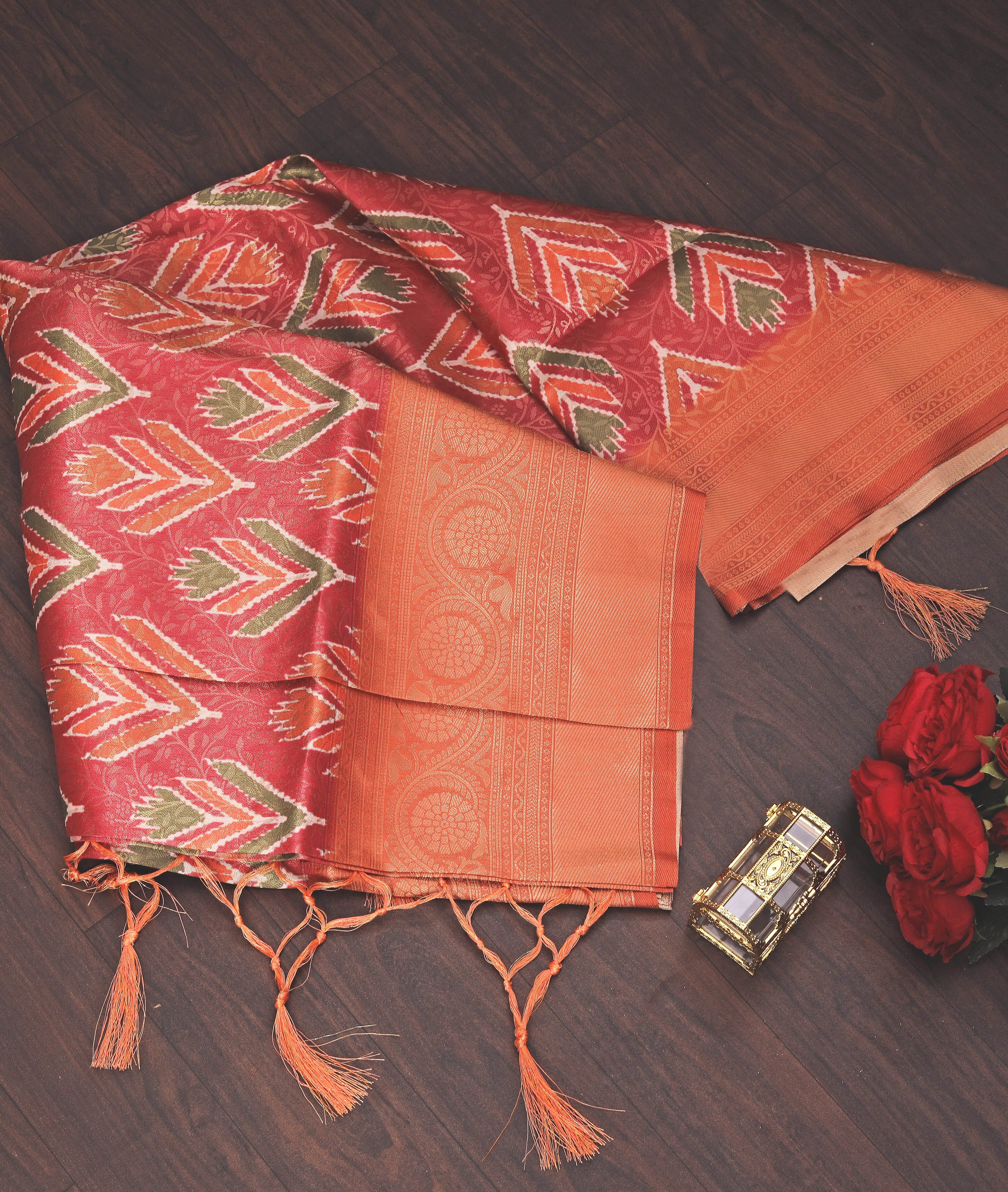 Digital soft silk printed saree in Orange