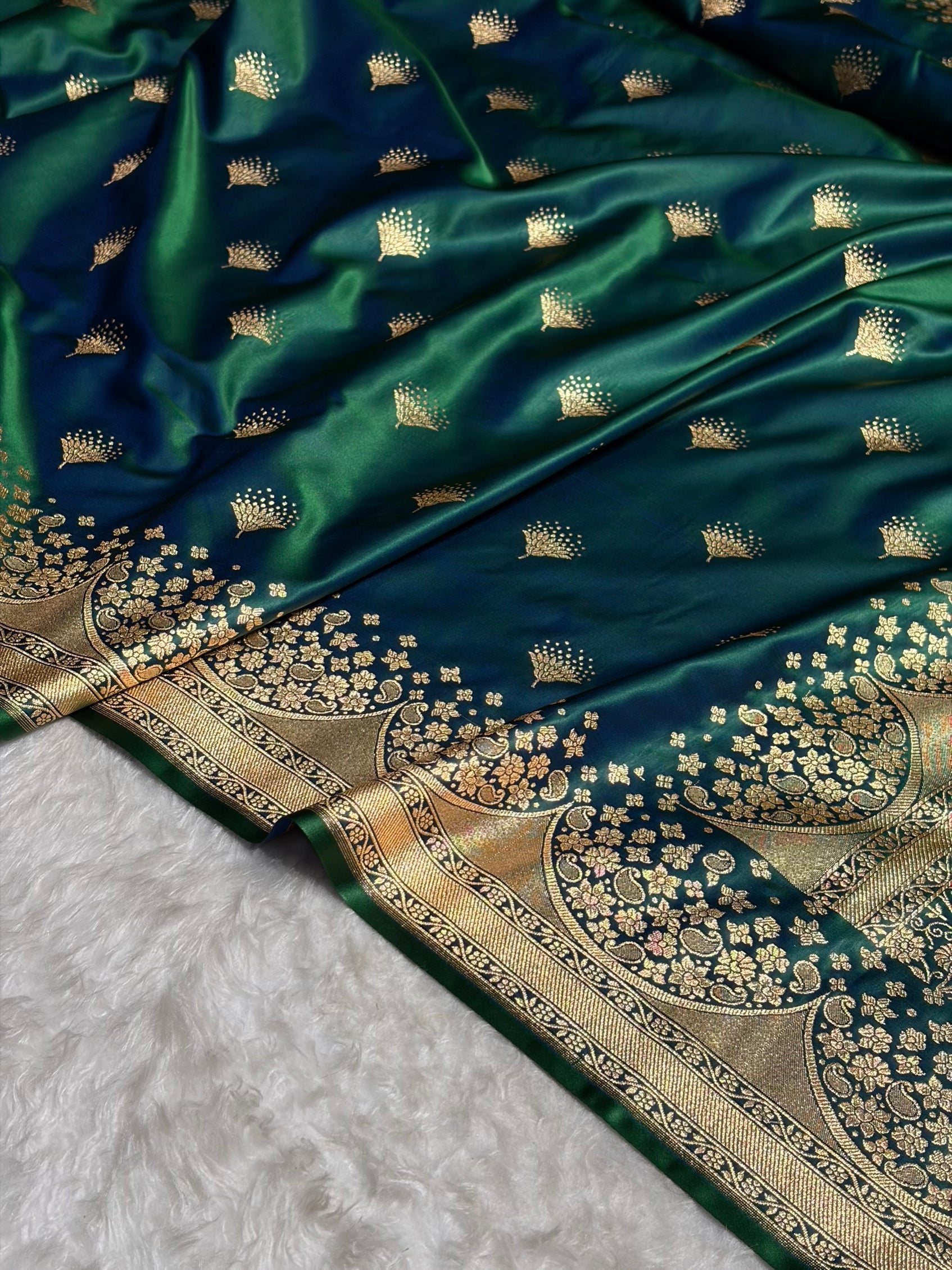 Banarasi Satin Silk Saree in Fire Gold Shade with Elegant Booti Work | Traditional Designer Wedding Saree