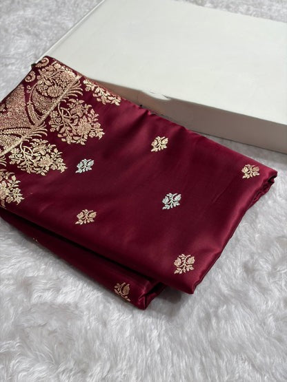 Banarasi Mashru Silk Saree with Floral Scalloped Border & Rupa Sona Motifs