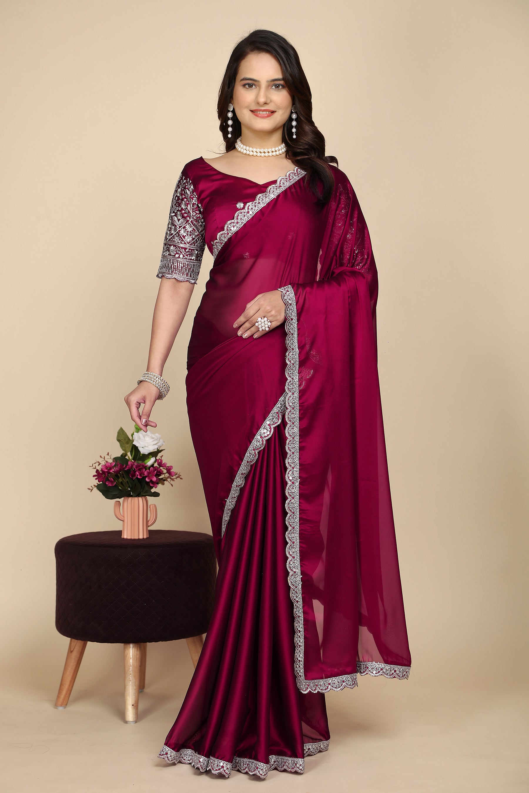 Elevate Elegance: Premium Space Silk Saree with Intricate Embroidery with maroon