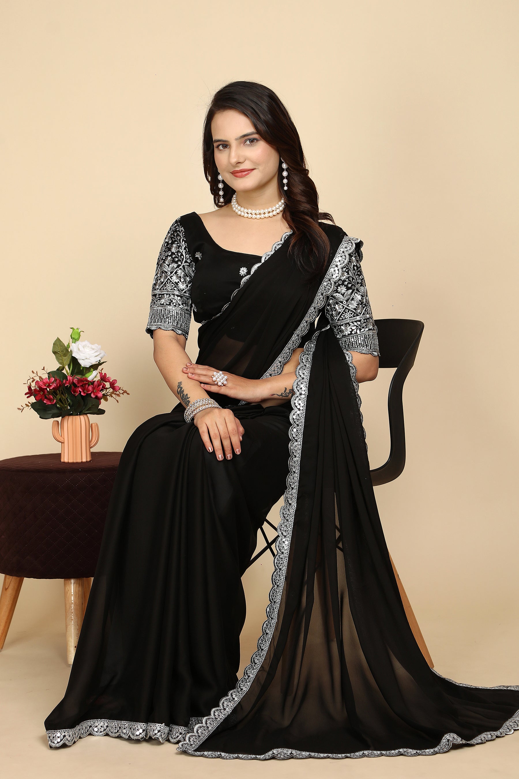 Grace in Every Thread: Exquisite C Pallu & Handwork on black