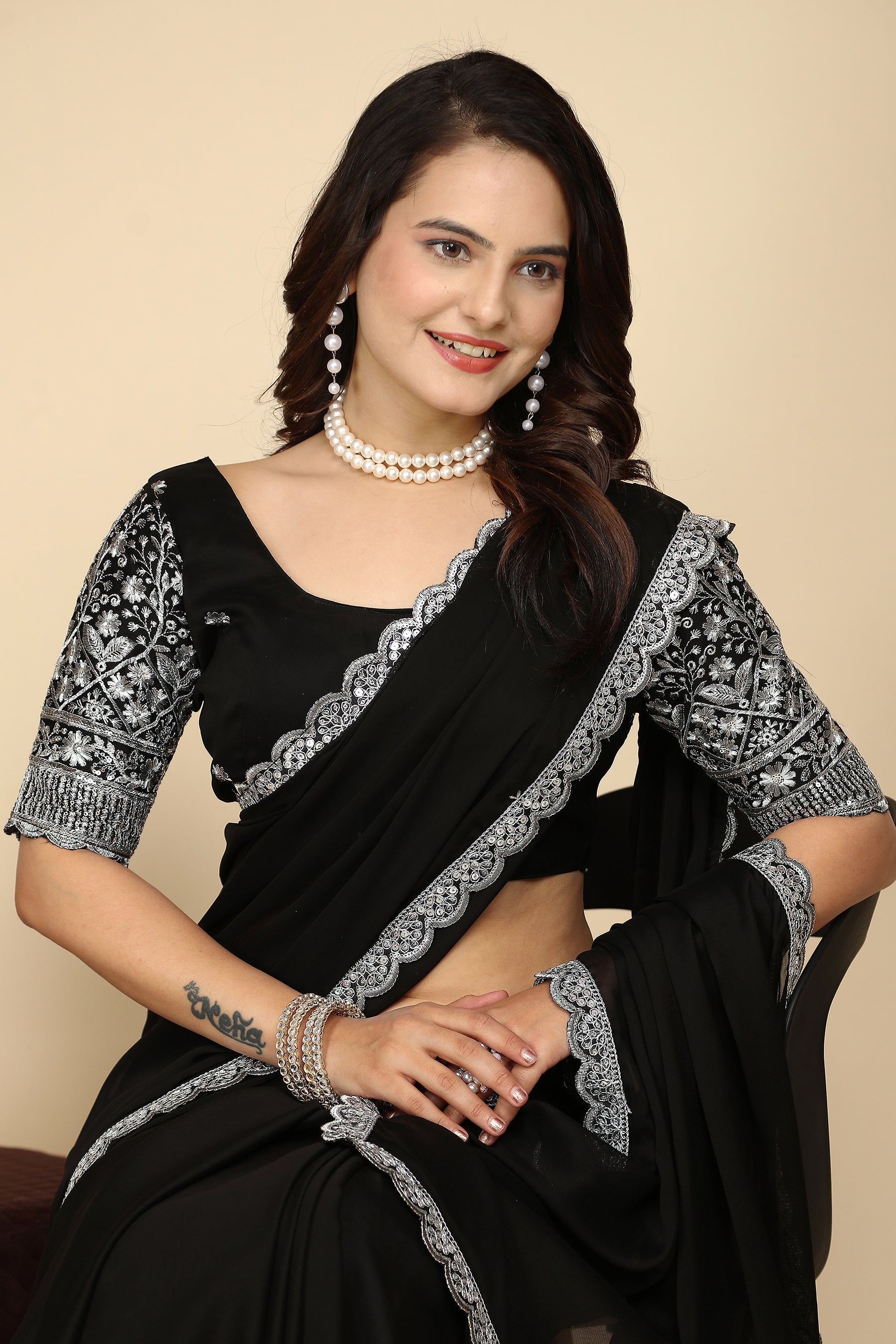 Grace in Every Thread: Exquisite C Pallu & Handwork on black