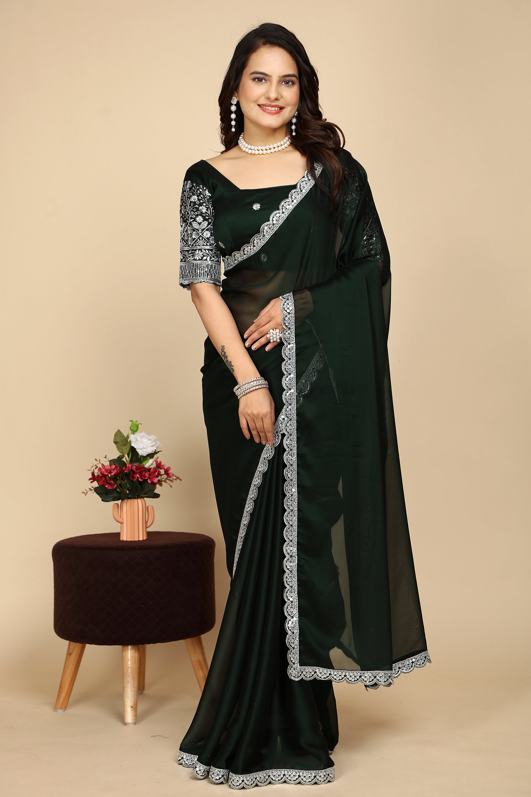 Luxury Woven in Silk: Designer Saree with Contrast Blouse in Bottle Green