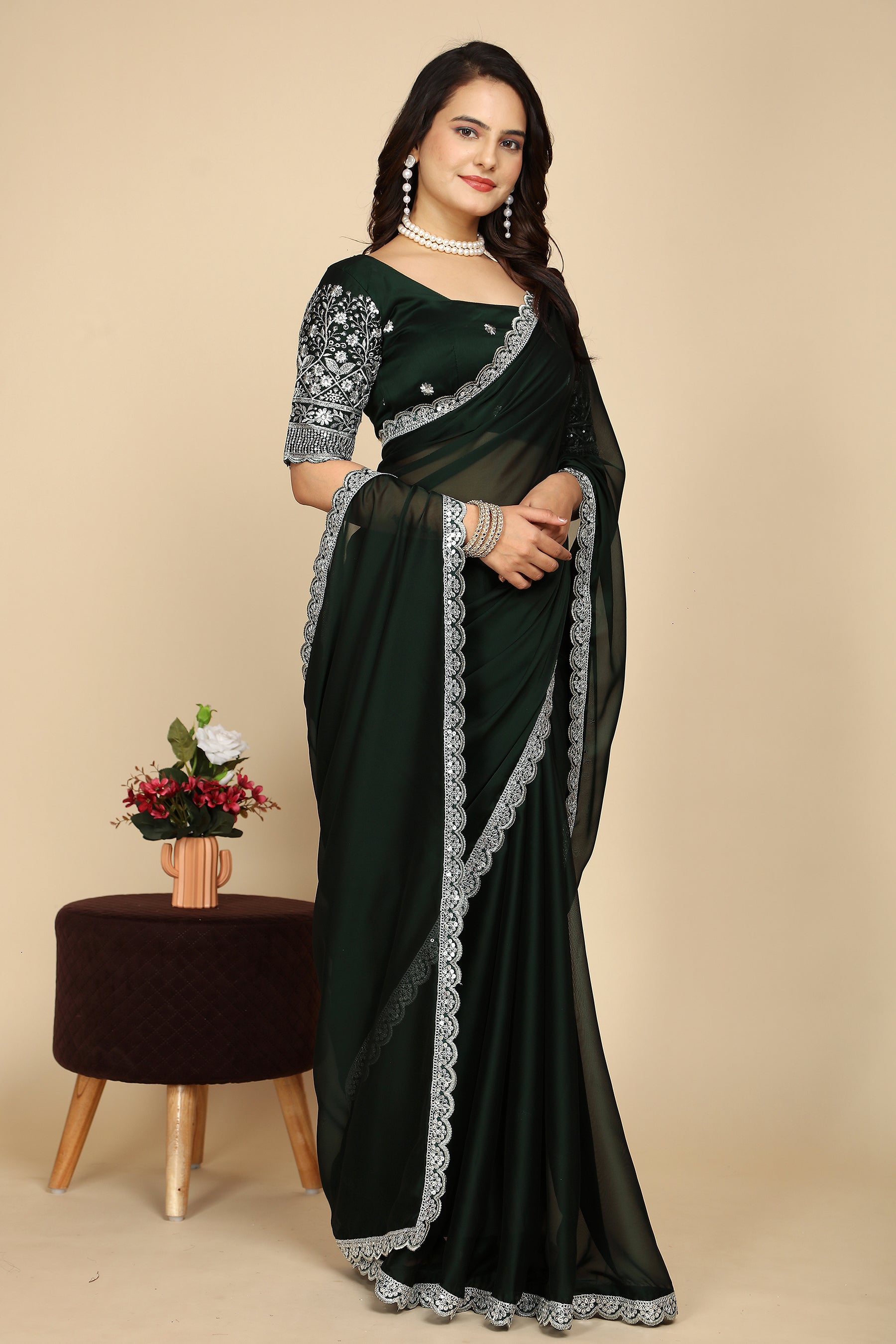 Luxury Woven in Silk: Designer Saree with Contrast Blouse in Bottle Green