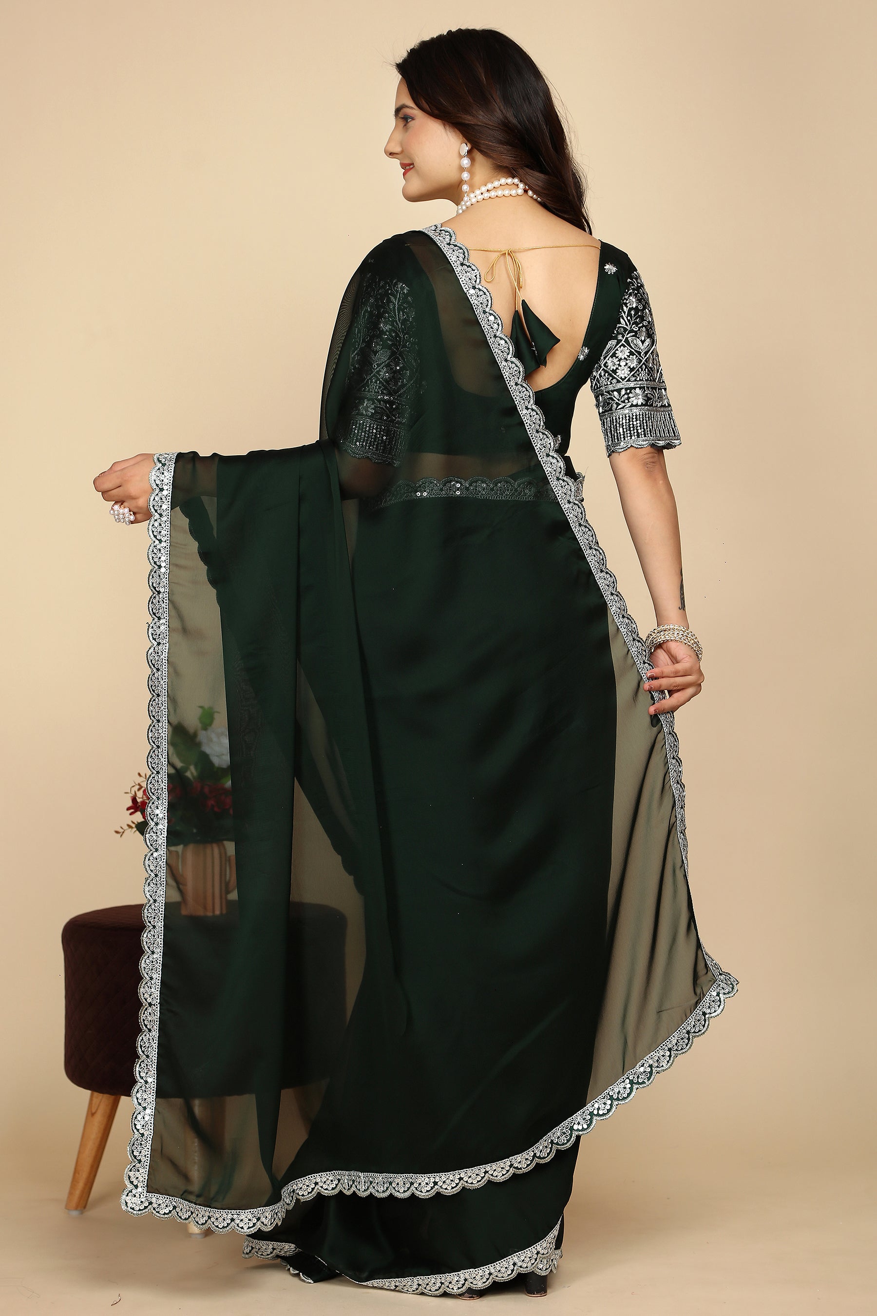 Luxury Woven in Silk: Designer Saree with Contrast Blouse in Bottle Green