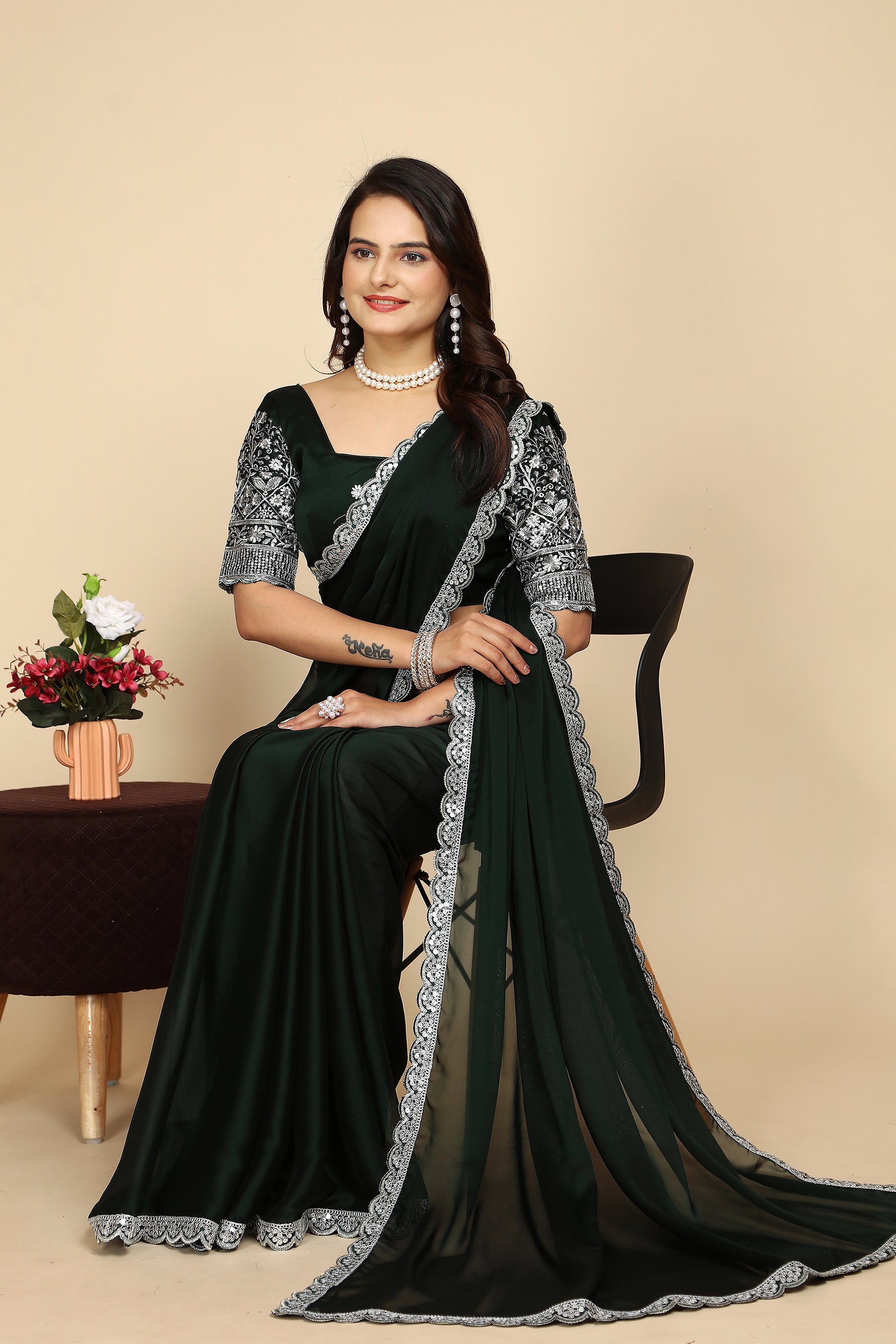 Luxury Woven in Silk: Designer Saree with Contrast Blouse in Bottle Green
