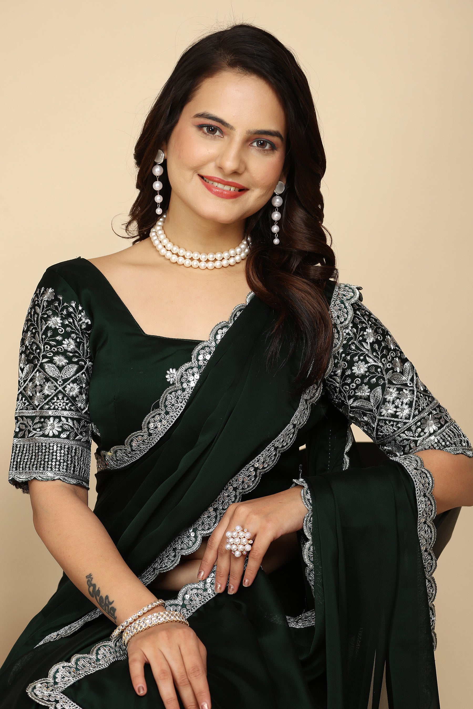 Luxury Woven in Silk: Designer Saree with Contrast Blouse in Bottle Green