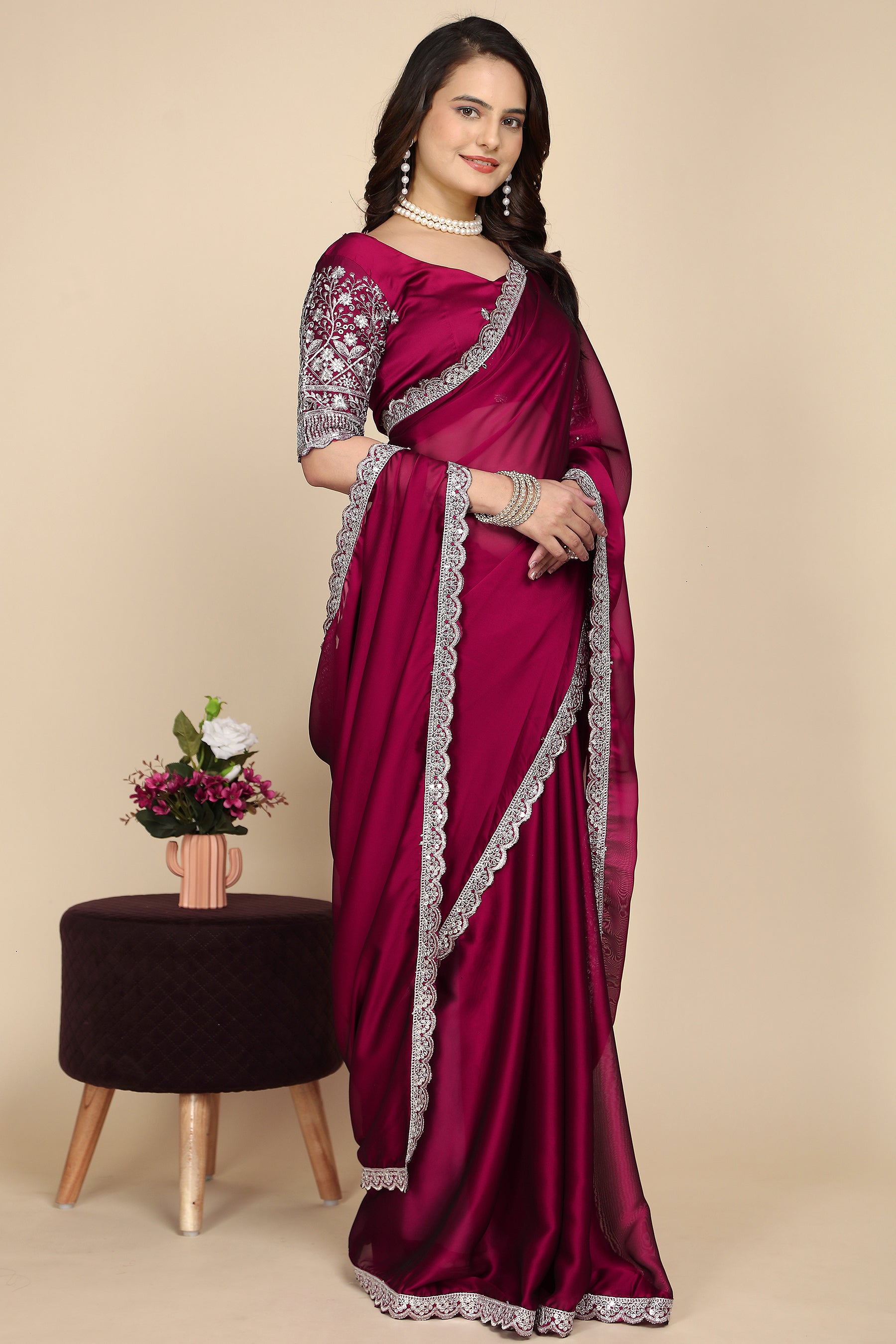 Elevate Elegance: Premium Space Silk Saree with Intricate Embroidery with maroon