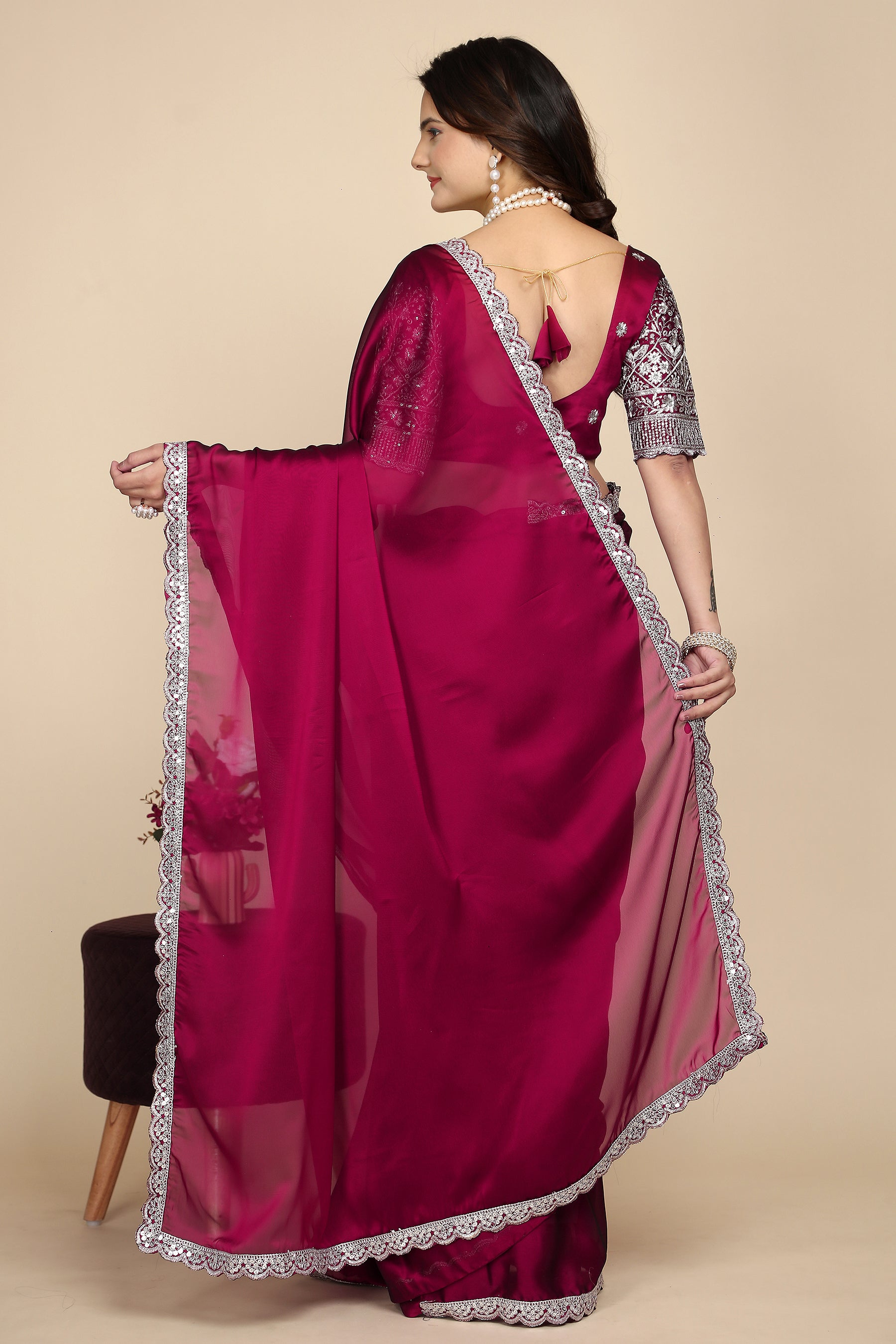 Elevate Elegance: Premium Space Silk Saree with Intricate Embroidery with maroon