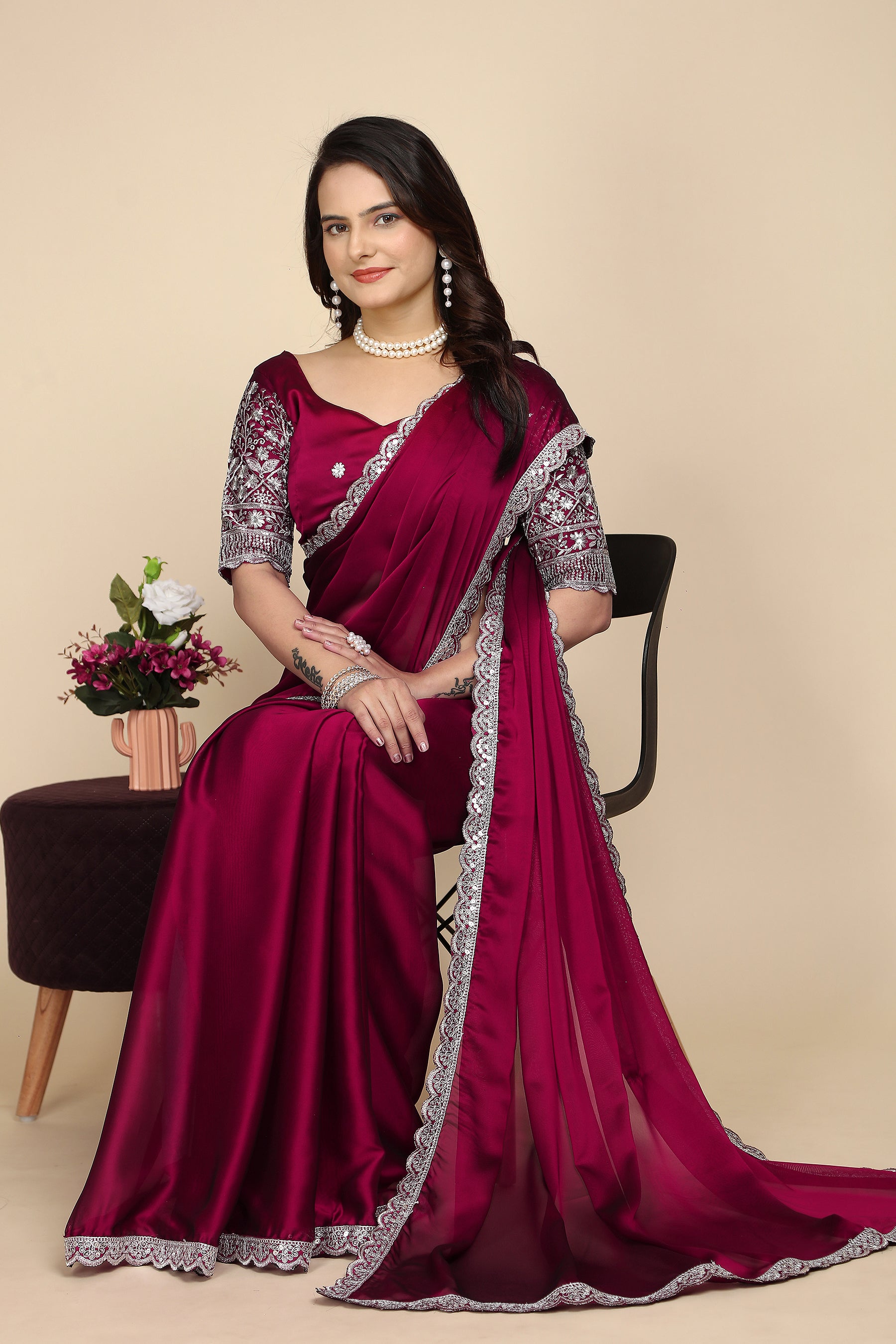 Elevate Elegance: Premium Space Silk Saree with Intricate Embroidery with maroon