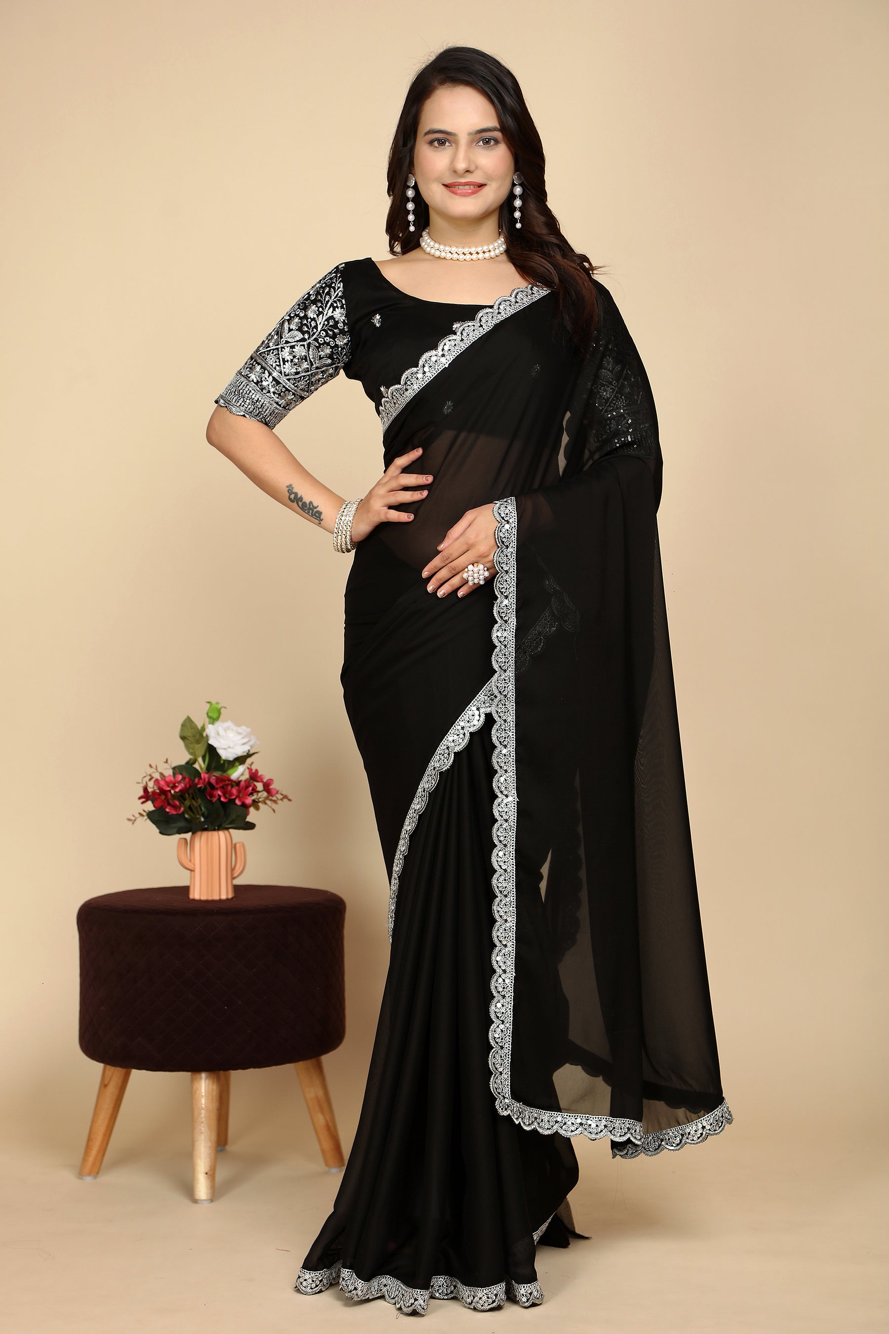 Grace in Every Thread: Exquisite C Pallu & Handwork on black