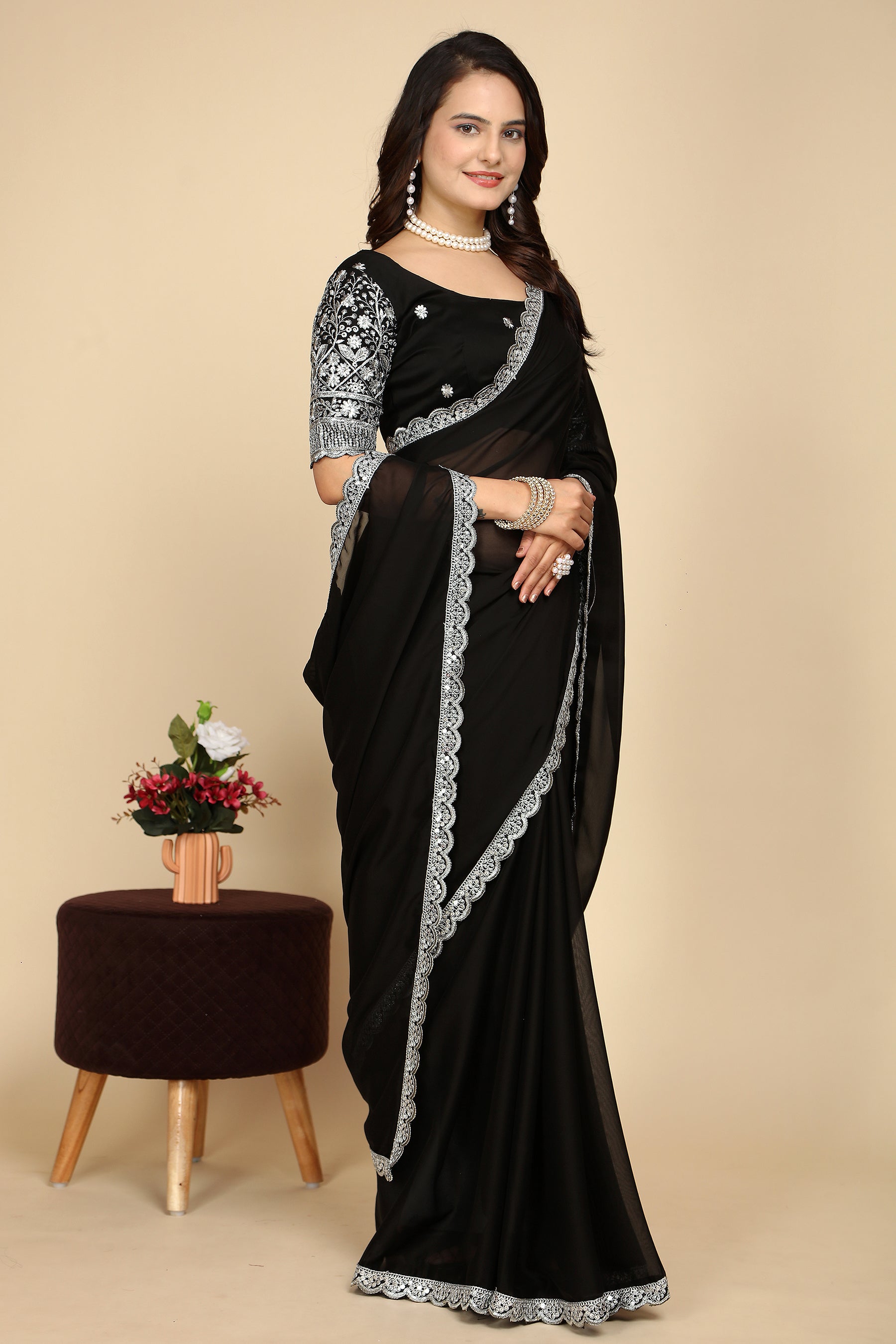 Grace in Every Thread: Exquisite C Pallu & Handwork on black