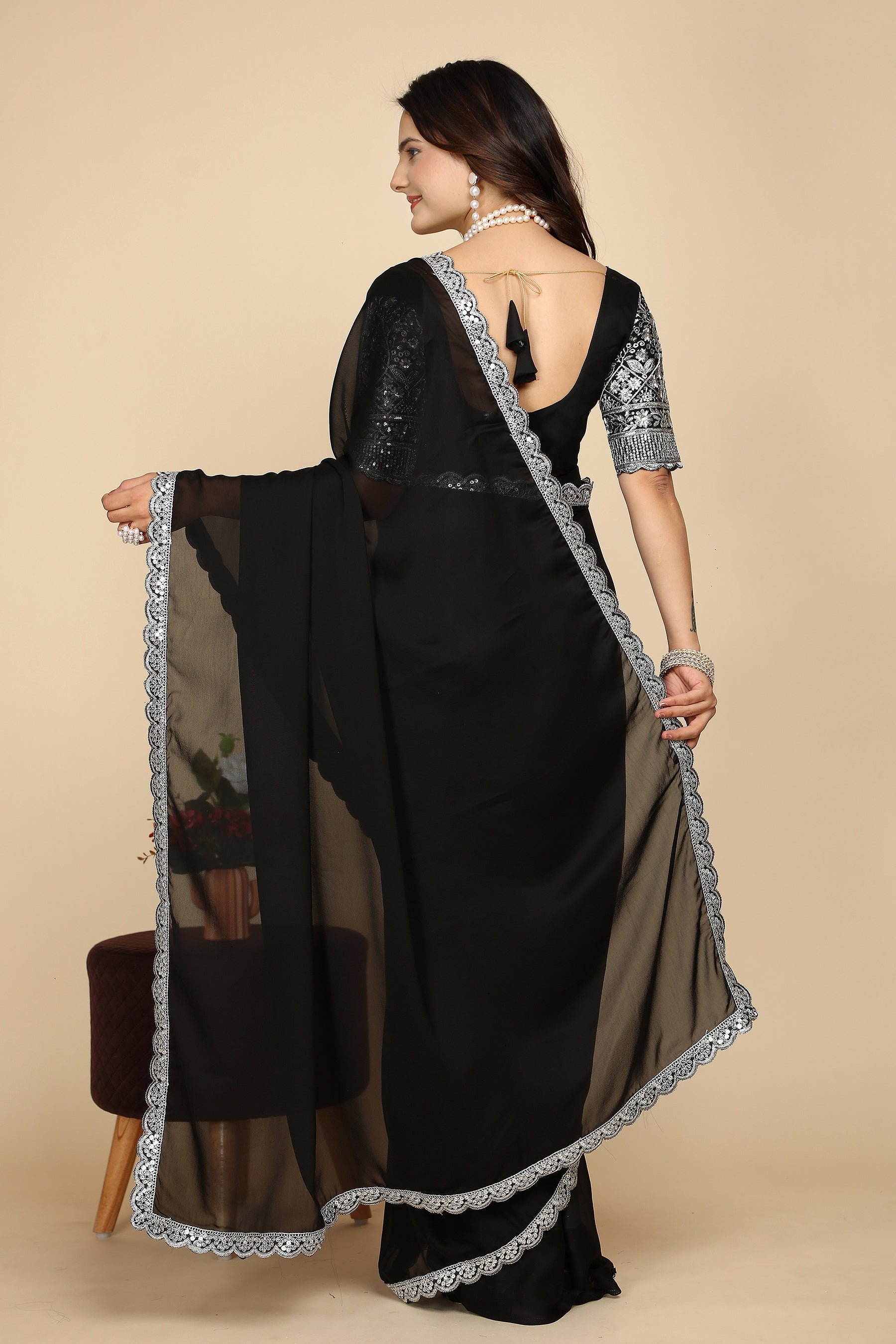 Grace in Every Thread: Exquisite C Pallu & Handwork on black